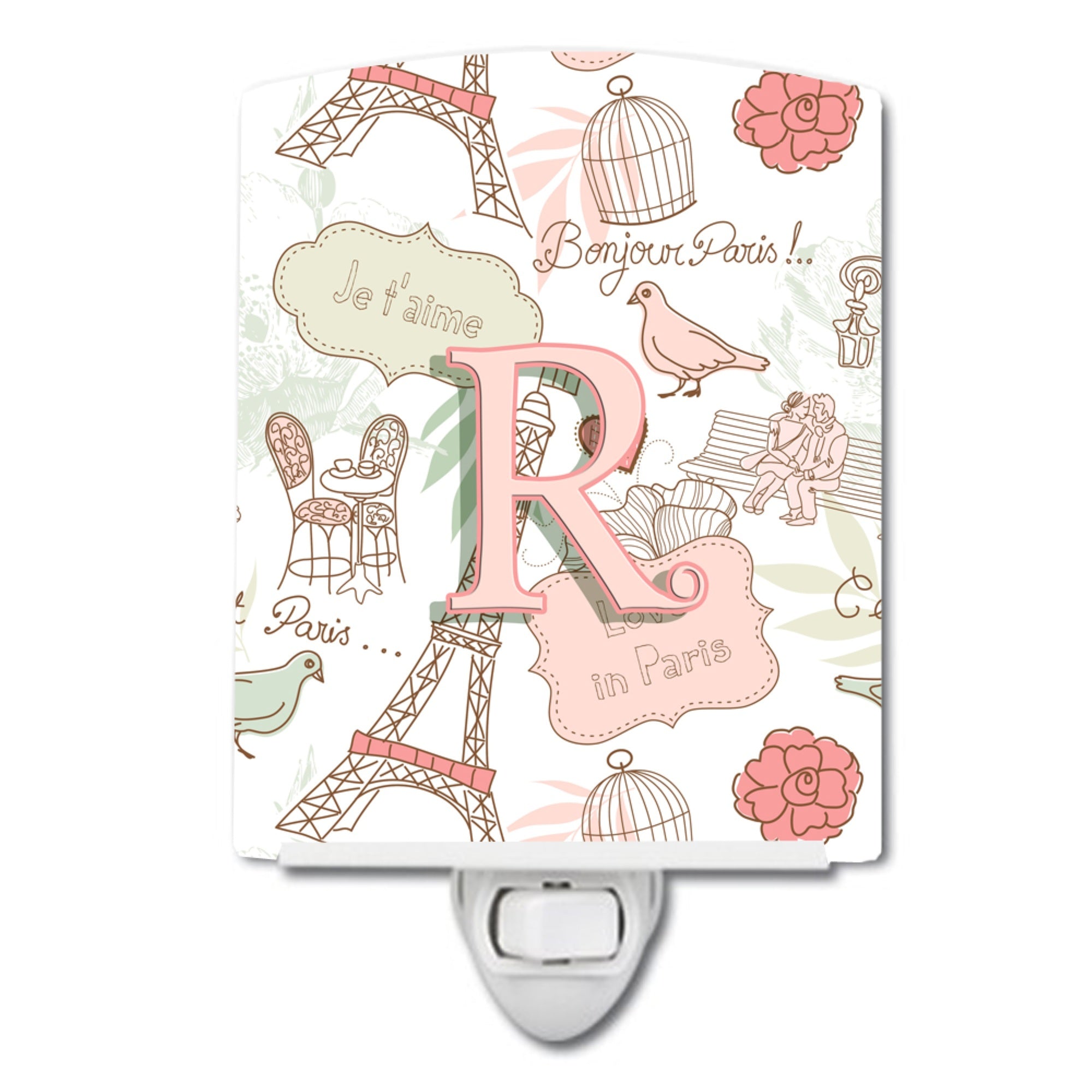  inchCarolines Treasures Letter R Love in Paris Pink Ceramic Night Light, 6x4, Multicolor inch
