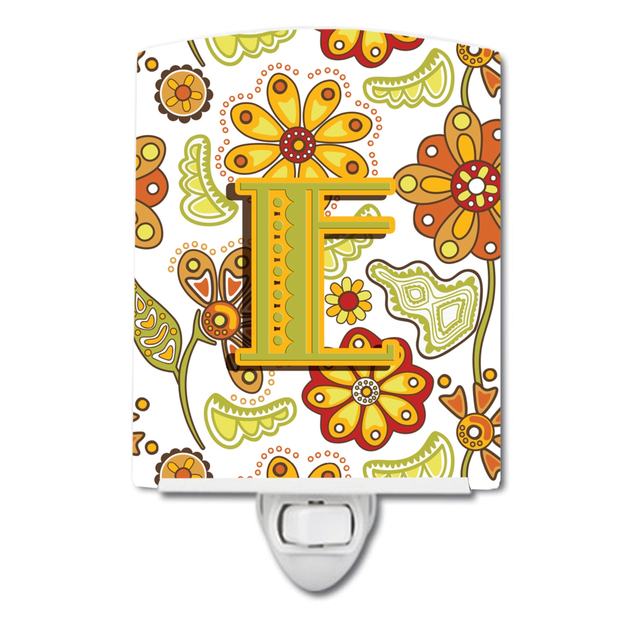  inchCarolines Treasures Letter E Floral Mustard and Green Ceramic Night Light, 6x4, Multicolor inch