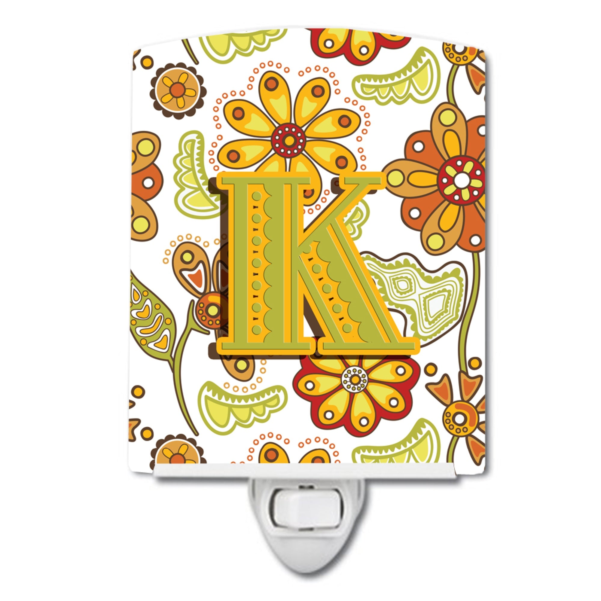  inchCarolines Treasures Letter K Floral Mustard and Green Ceramic Night Light, 6x4, Multicolor inch