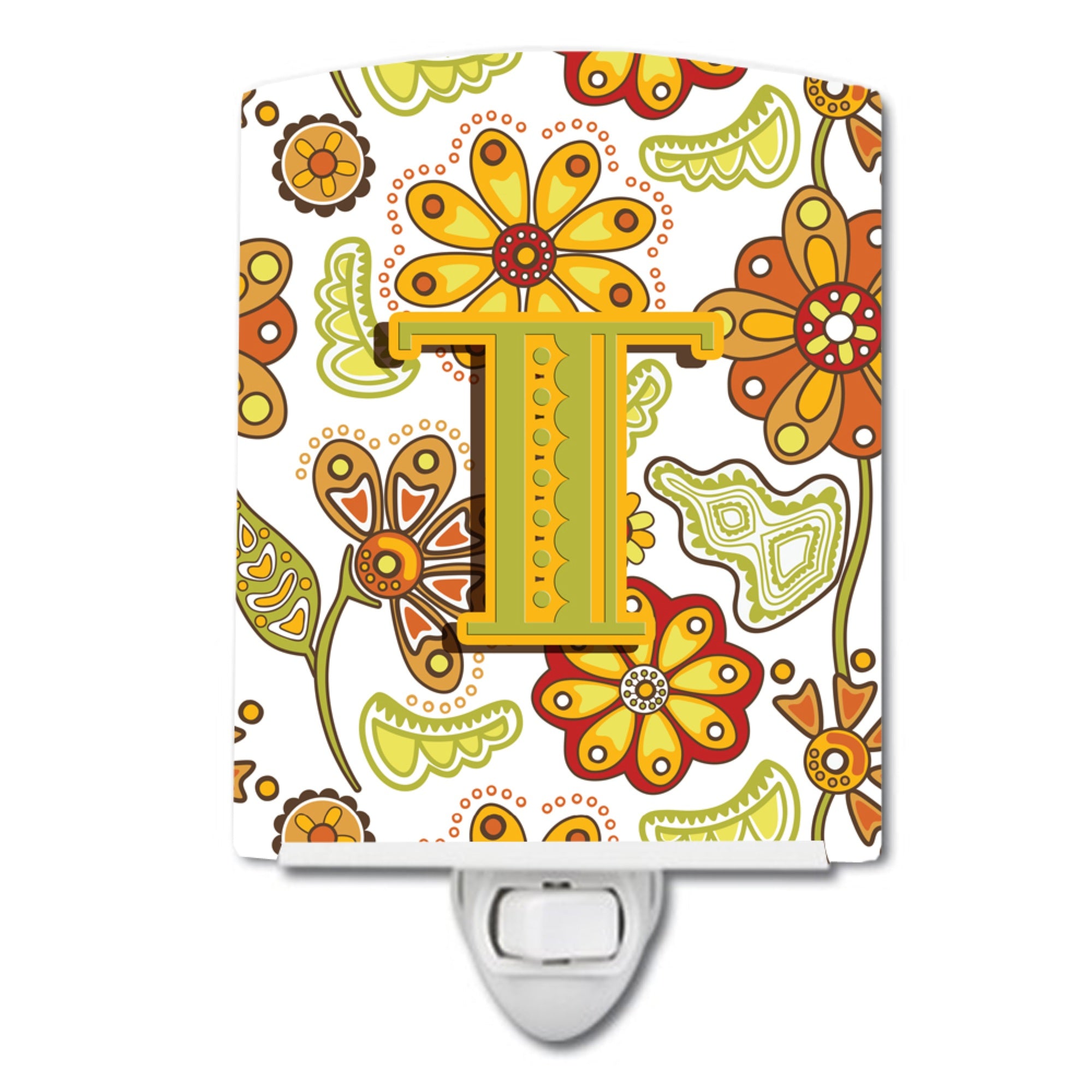  inchCarolines Treasures Letter T Floral Mustard and Green Ceramic Night Light, 6x4, Multicolor inch