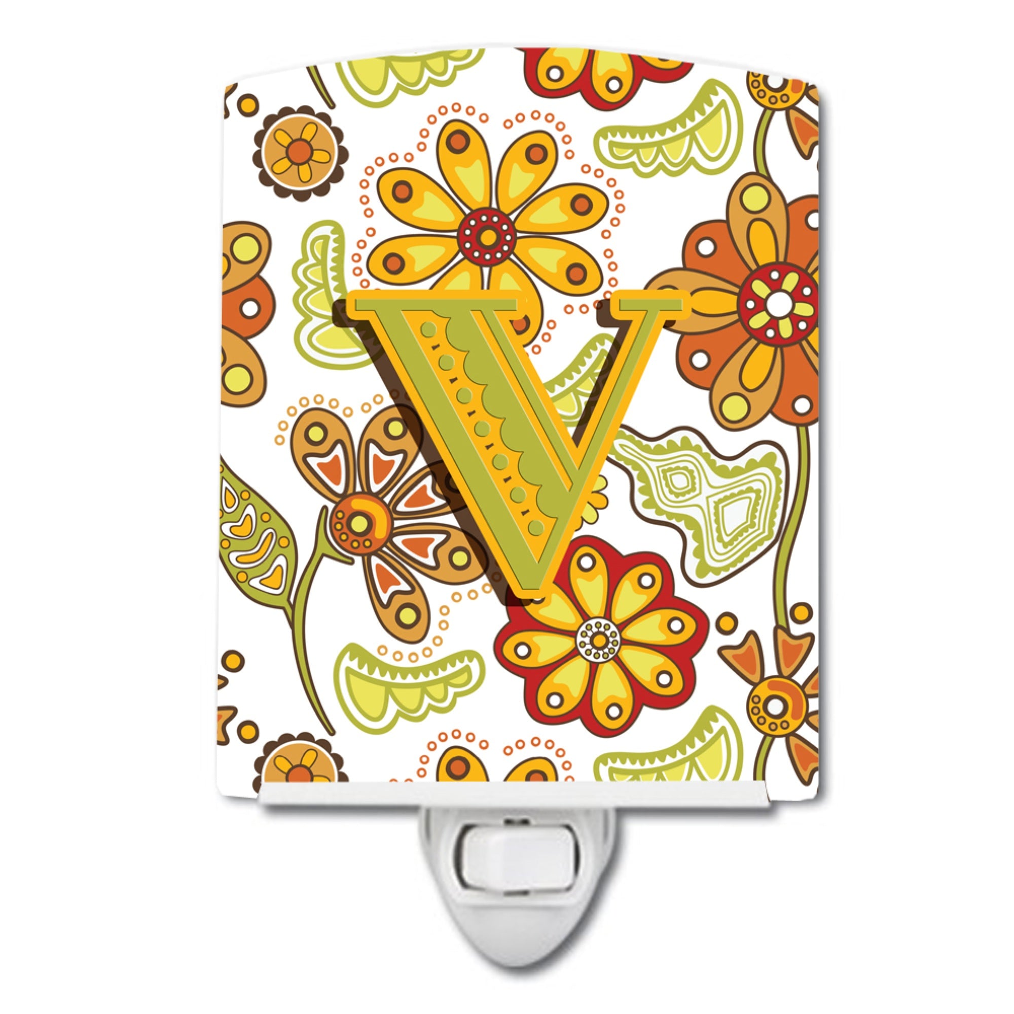  inchCarolines Treasures Letter V Floral Mustard and Green Ceramic Night Light, 6x4, Multicolor inch