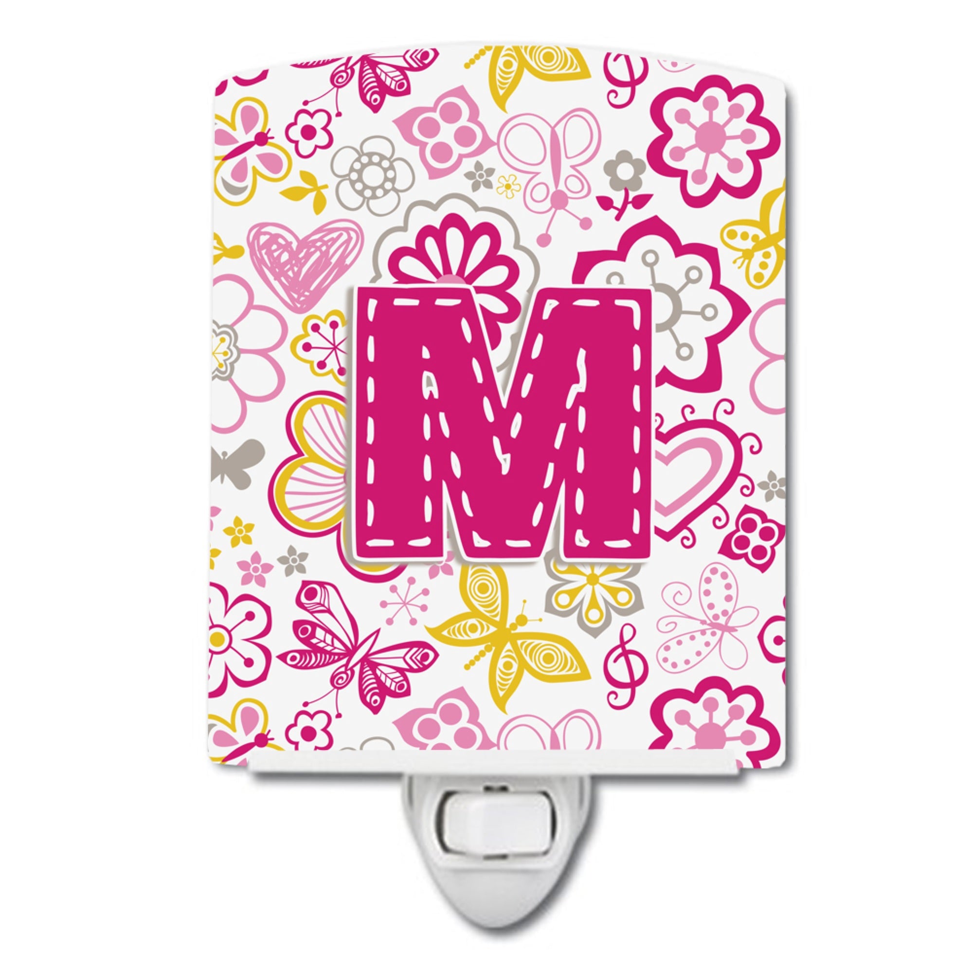  inchCarolines Treasures Letter M Flowers and Butterflies Pink Ceramic Night Light, 6x4, Multicolor inch