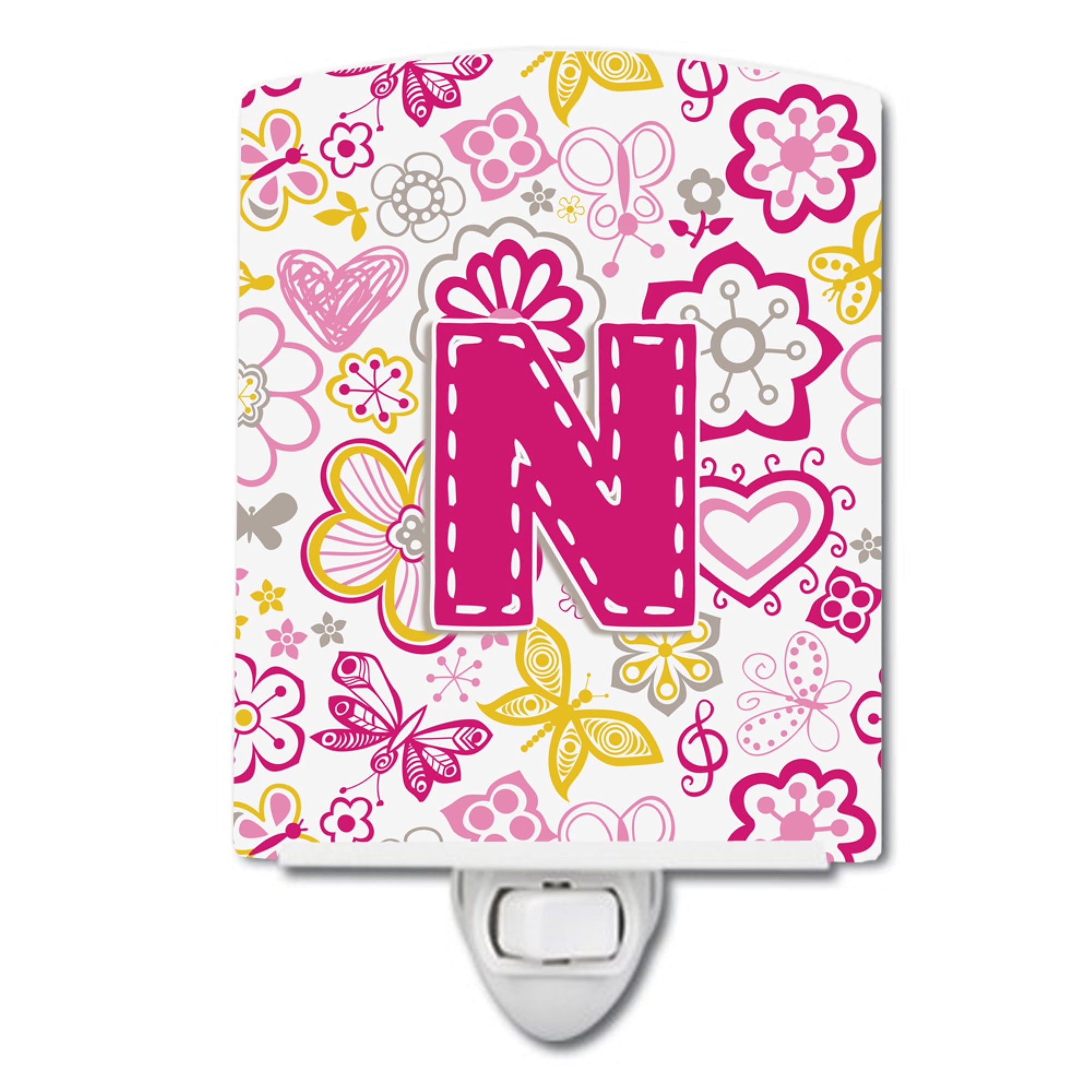  inchCarolines Treasures Letter N Flowers and Butterflies Pink Ceramic Night Light, 6x4, Multicolor inch