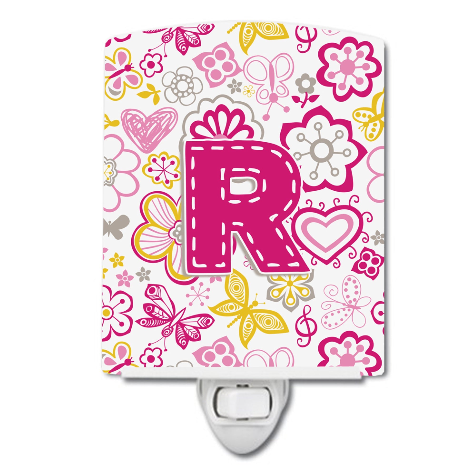  inchCarolines Treasures Letter R Flowers and Butterflies Pink Ceramic Night Light, 6x4, Multicolor inch