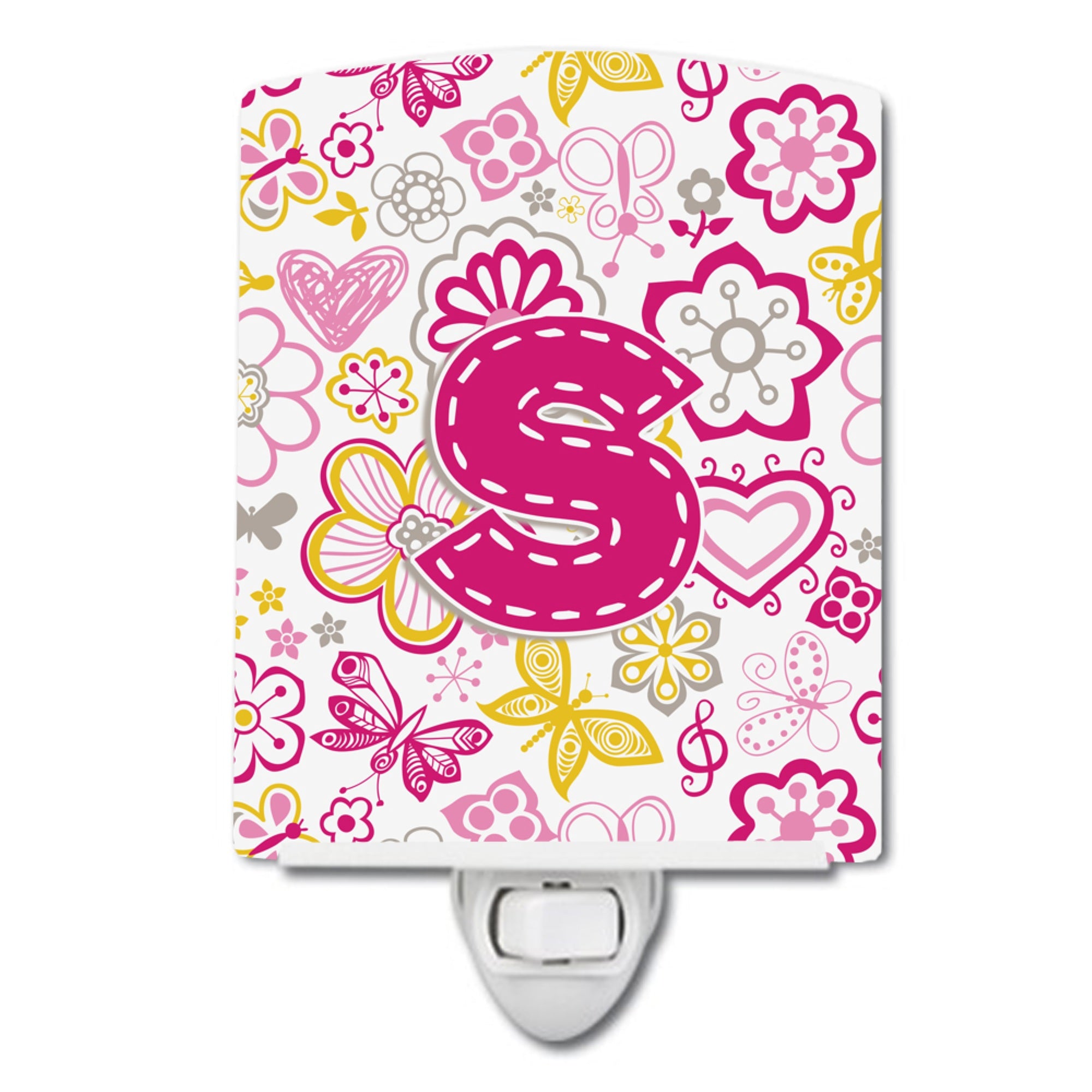  inchCarolines Treasures Letter S Flowers and Butterflies Pink Ceramic Night Light, 6x4, Multicolor inch