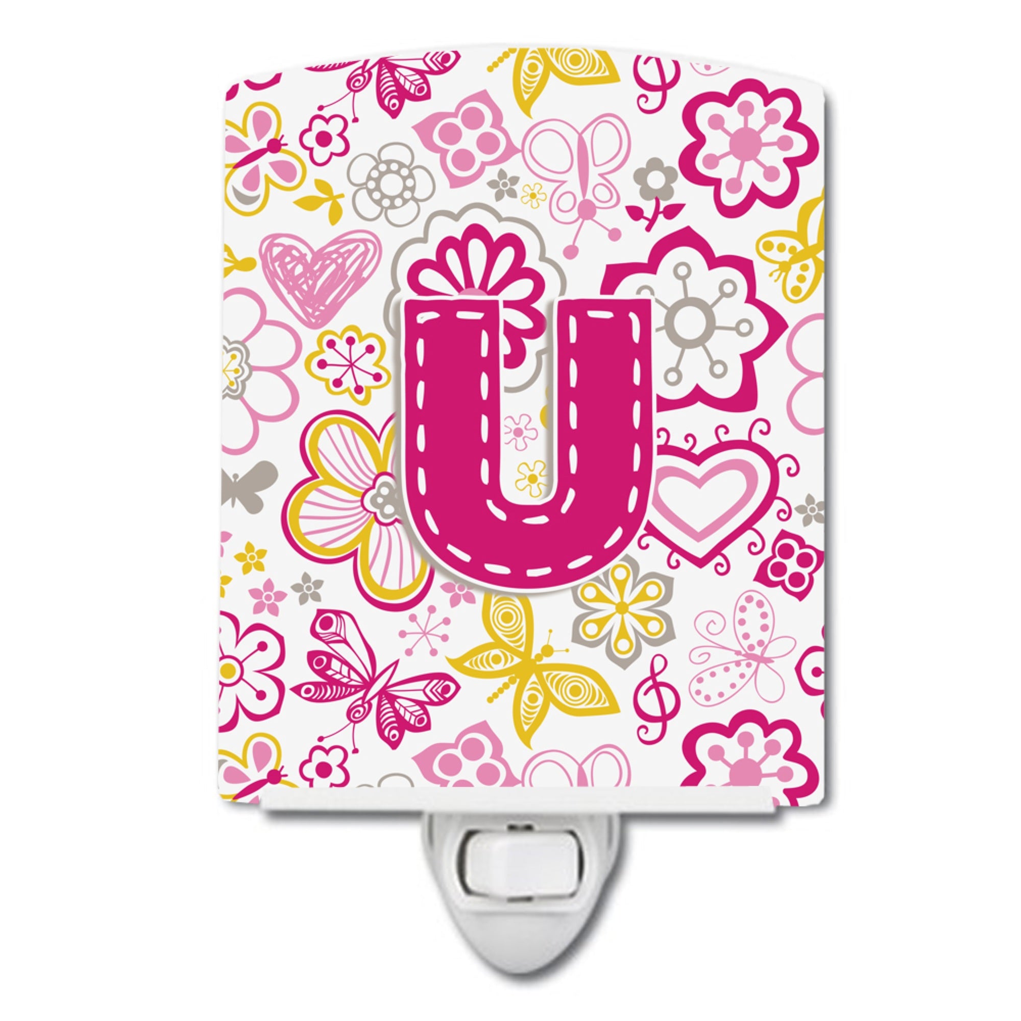  inchCarolines Treasures Letter U Flowers and Butterflies Pink Ceramic Night Light, 6x4, Multicolor inch