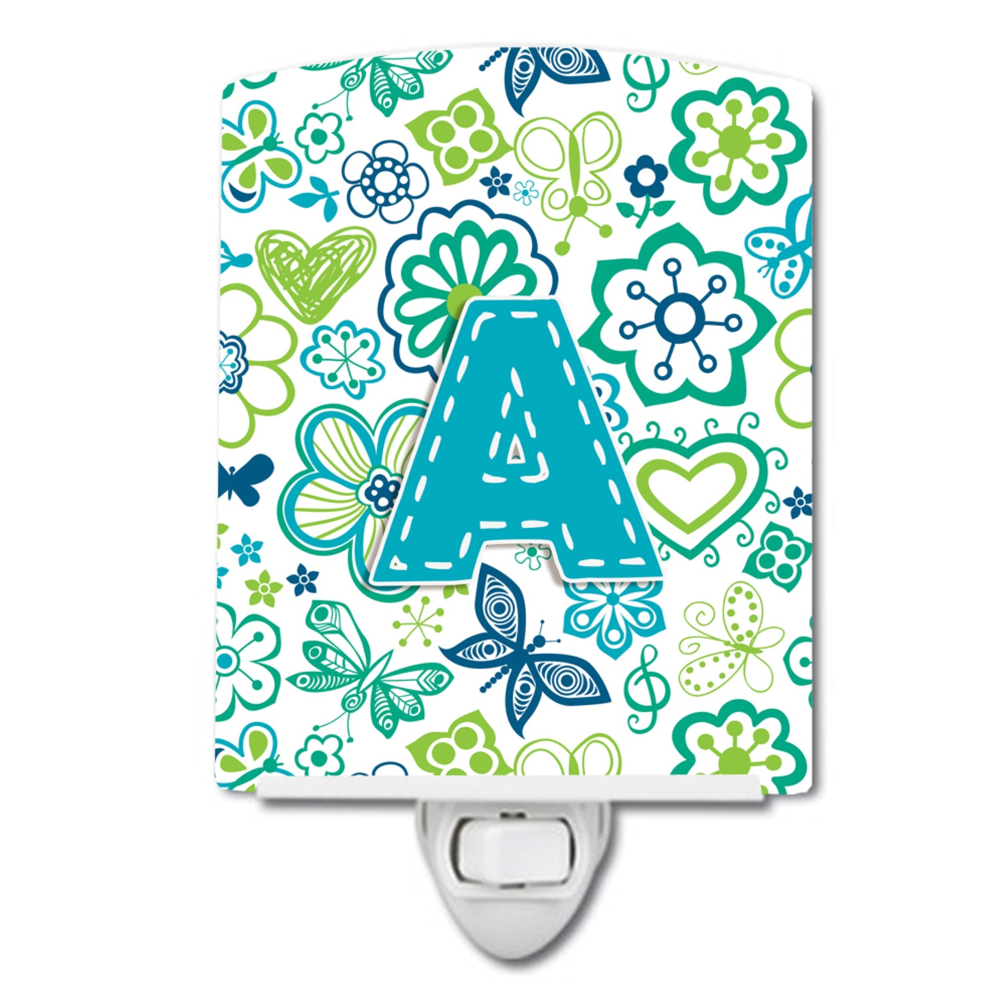  inchCarolines Treasures Letter A Flowers and Butterflies Teal Blue Ceramic Night Light, 6x4, Multicolor inch