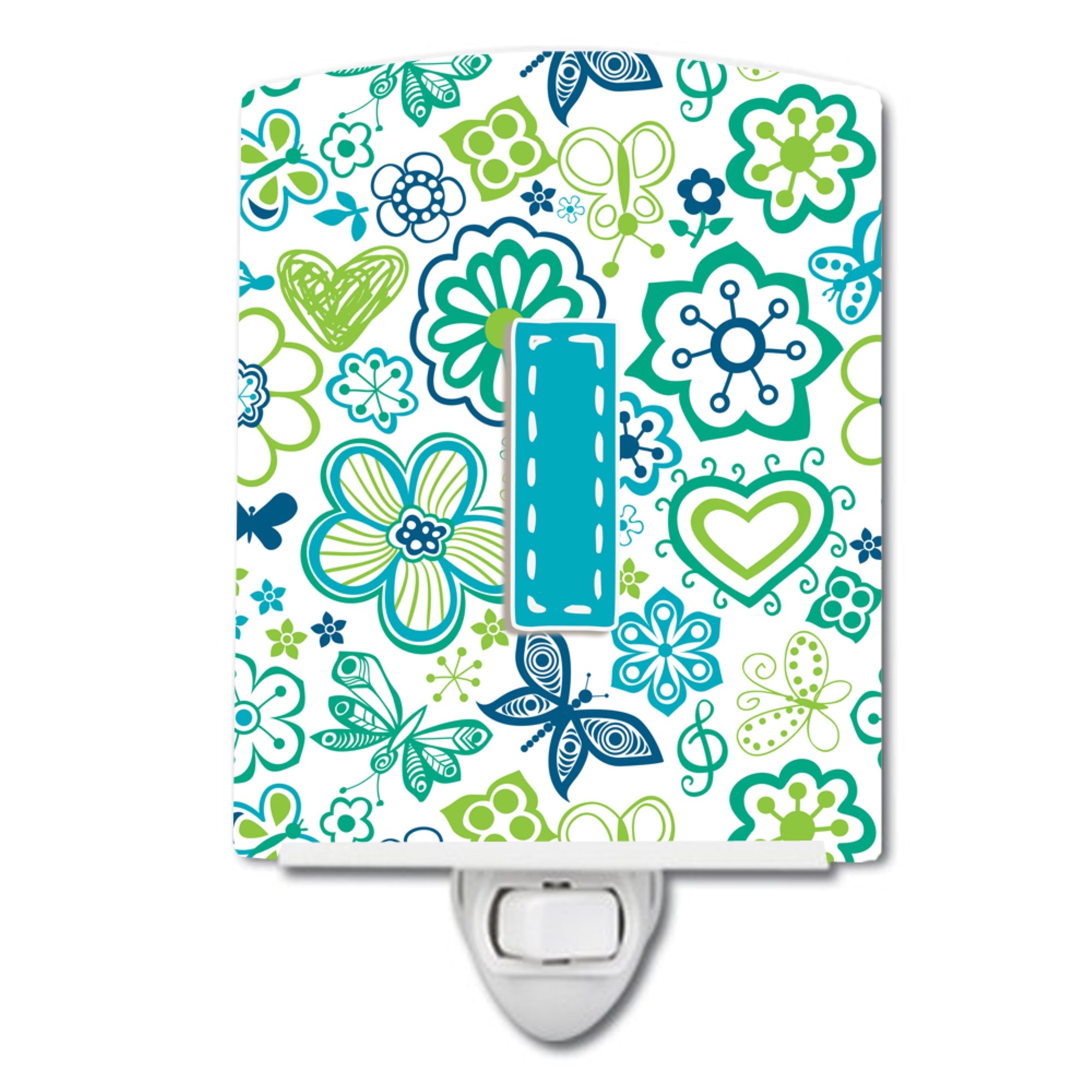  inchCarolines Treasures Letter I Flowers and Butterflies Teal Blue Ceramic Night Light, 6x4, Multicolor inch