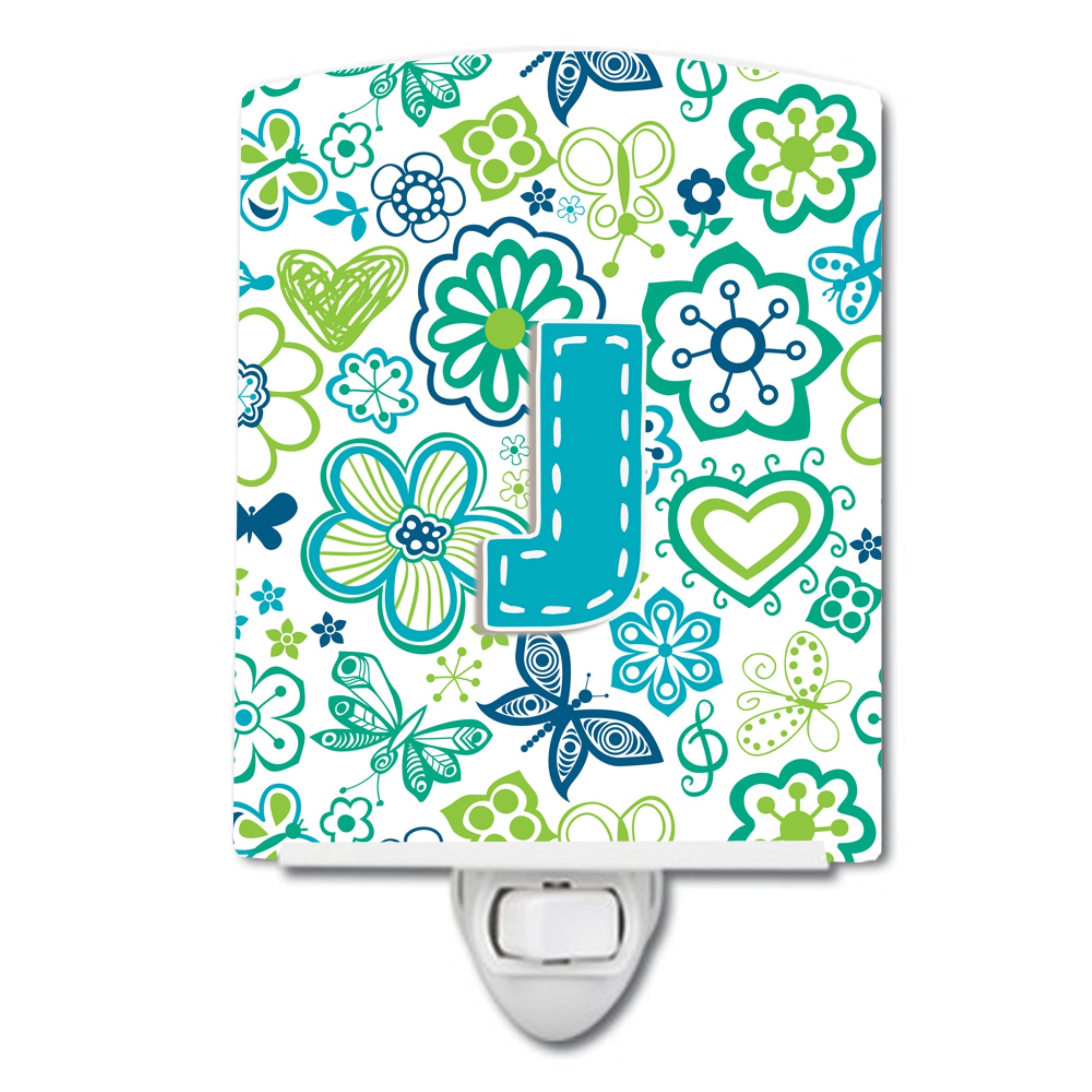  inchCarolines Treasures Letter J Flowers and Butterflies Teal Blue Ceramic Night Light, 6x4, Multicolor inch