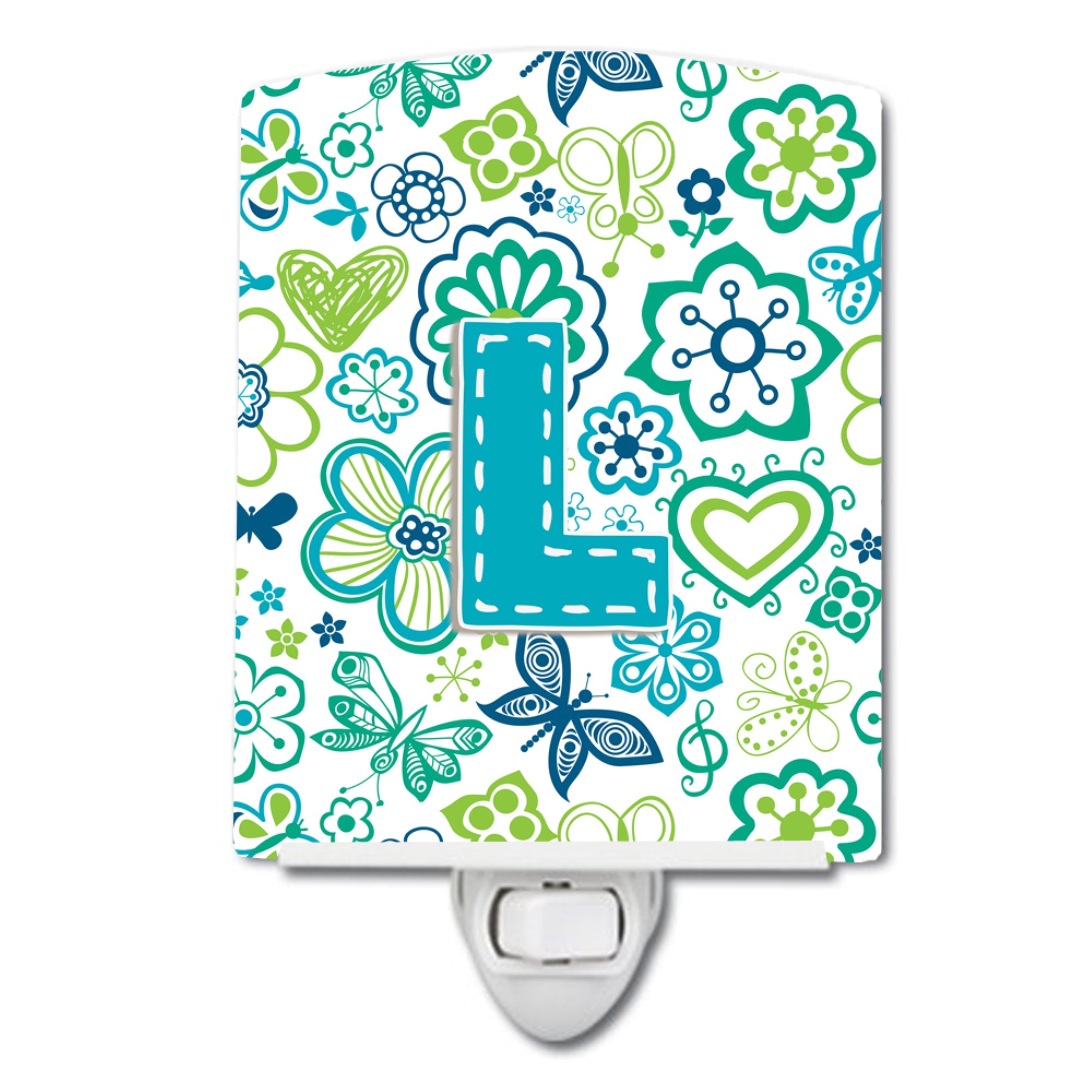  inchCarolines Treasures Letter L Flowers and Butterflies Teal Blue Ceramic Night Light, 6x4, Multicolor inch