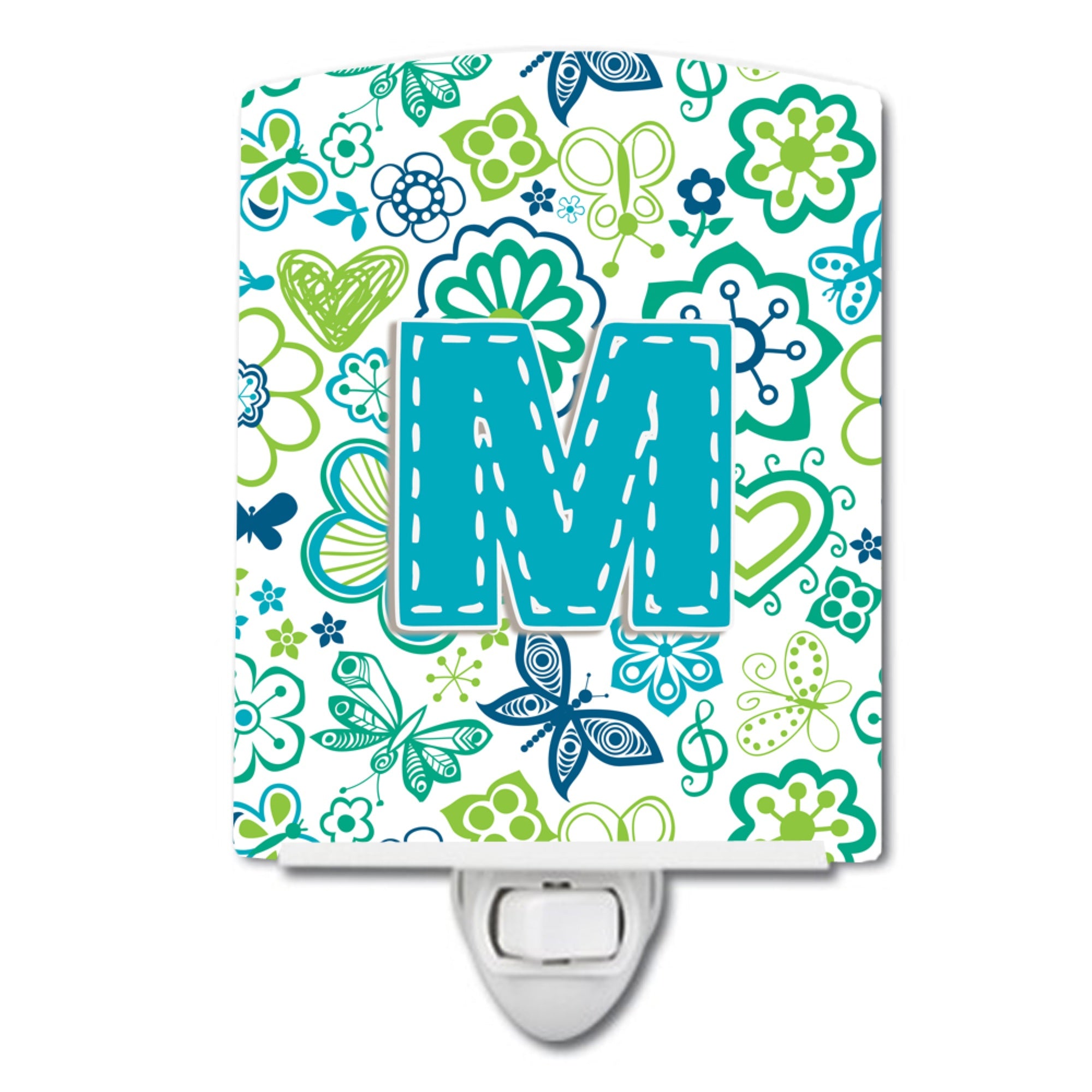  inchCarolines Treasures Letter M Flowers and Butterflies Teal Blue Ceramic Night Light, 6x4, Multicolor inch