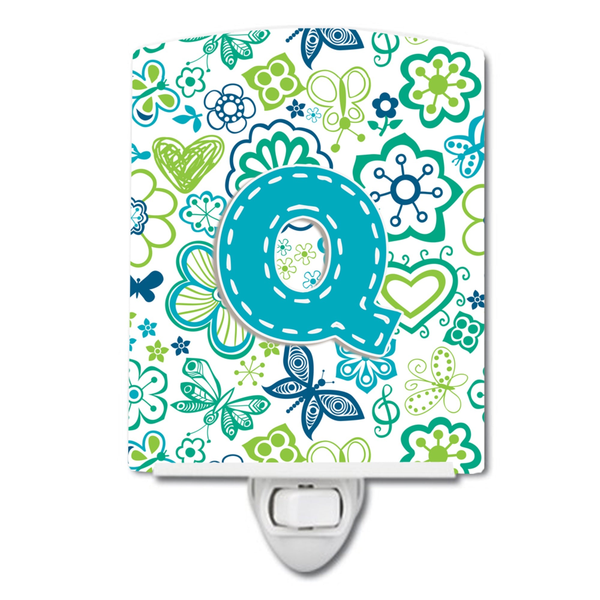  inchCarolines Treasures Letter Q Flowers and Butterflies Teal Blue Ceramic Night Light, 6x4, Multicolor inch