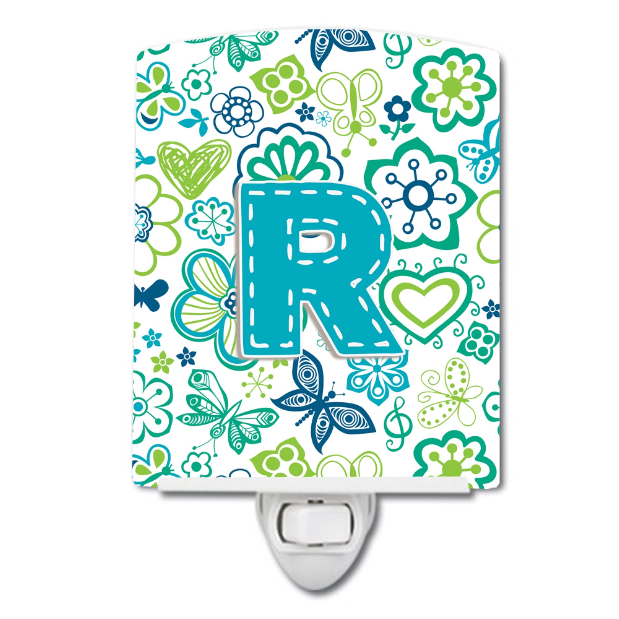  inchCarolines Treasures Letter R Flowers and Butterflies Teal Blue Ceramic Night Light, 6x4, Multicolor inch