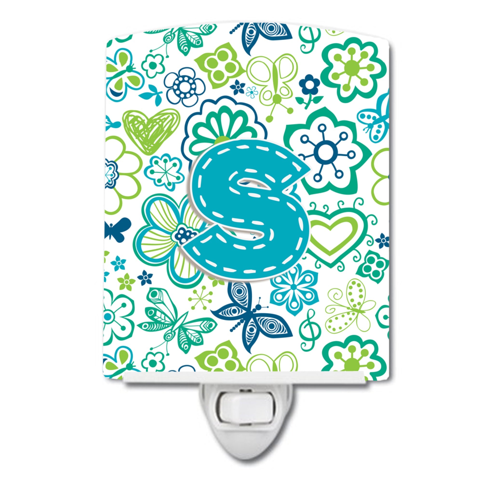  inchCarolines Treasures Letter S Flowers and Butterflies Teal Blue Ceramic Night Light, 6x4, Multicolor inch