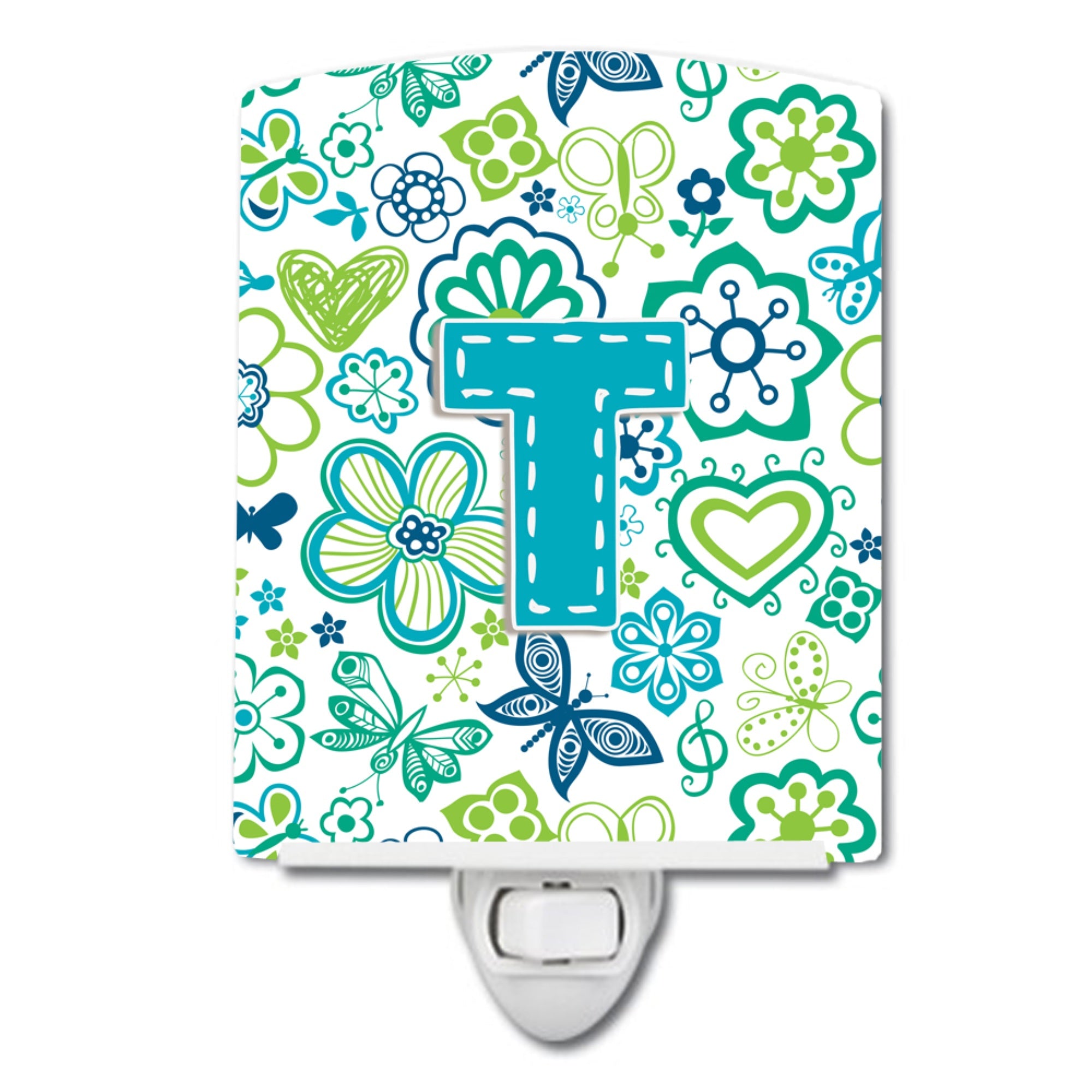  inchCarolines Treasures Letter T Flowers and Butterflies Teal Blue Ceramic Night Light, 6x4, Multicolor inch