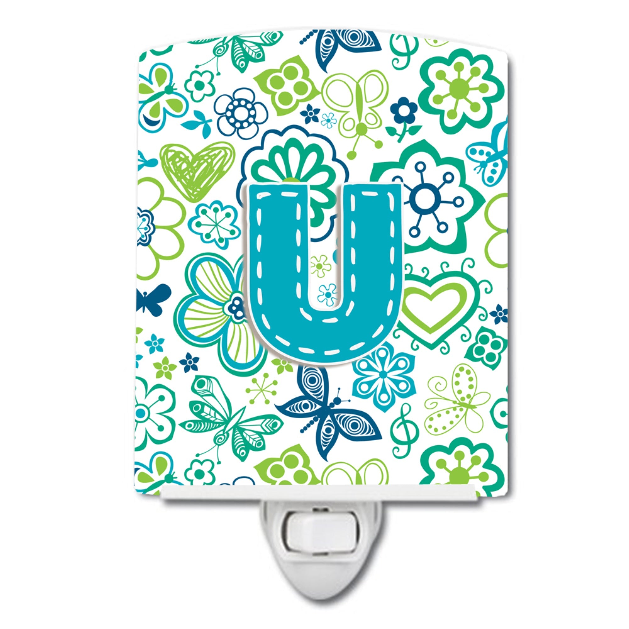  inchCarolines Treasures Letter U Flowers and Butterflies Teal Blue Ceramic Night Light, 6x4, Multicolor inch