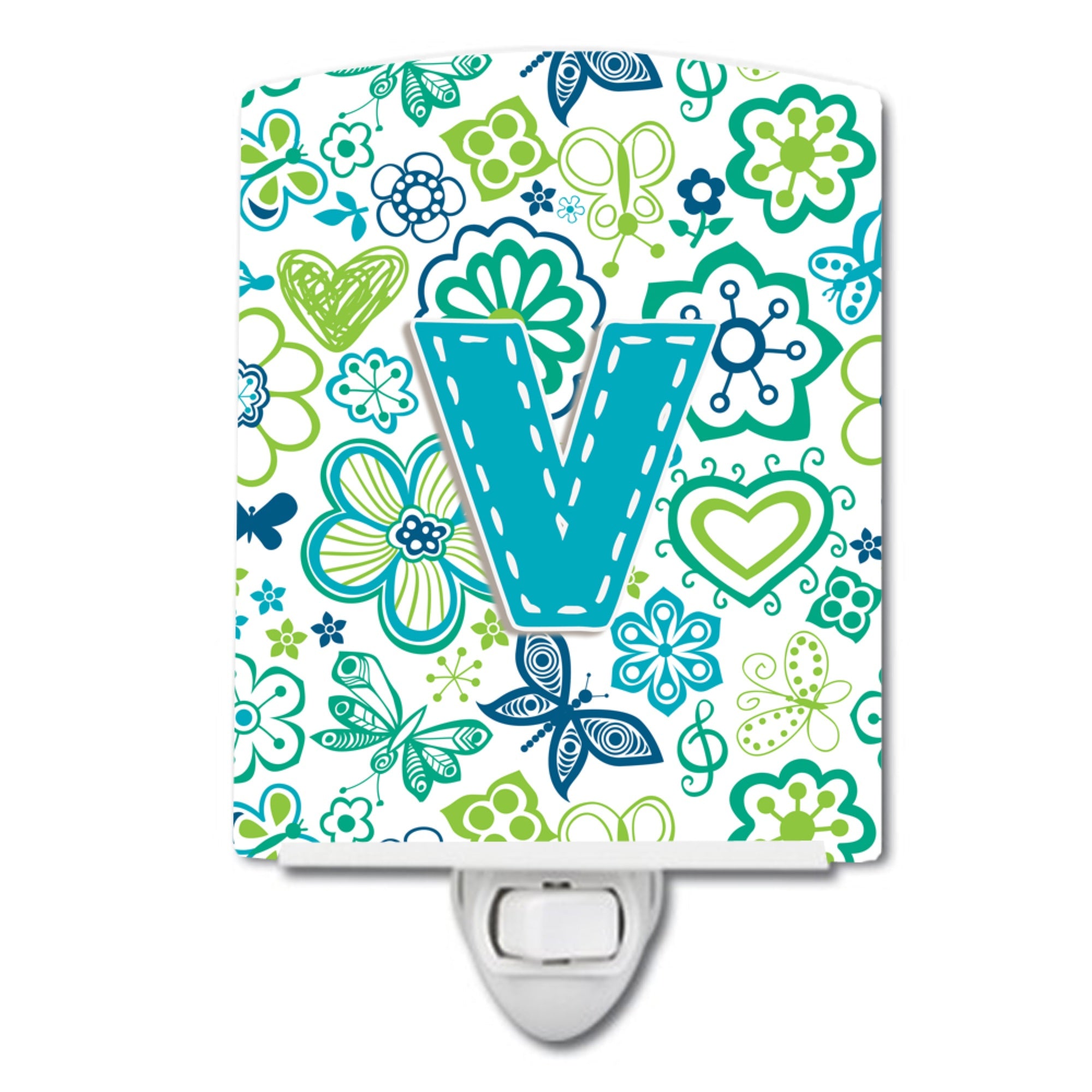  inchCarolines Treasures Letter V Flowers and Butterflies Teal Blue Ceramic Night Light, 6x4, Multicolor inch