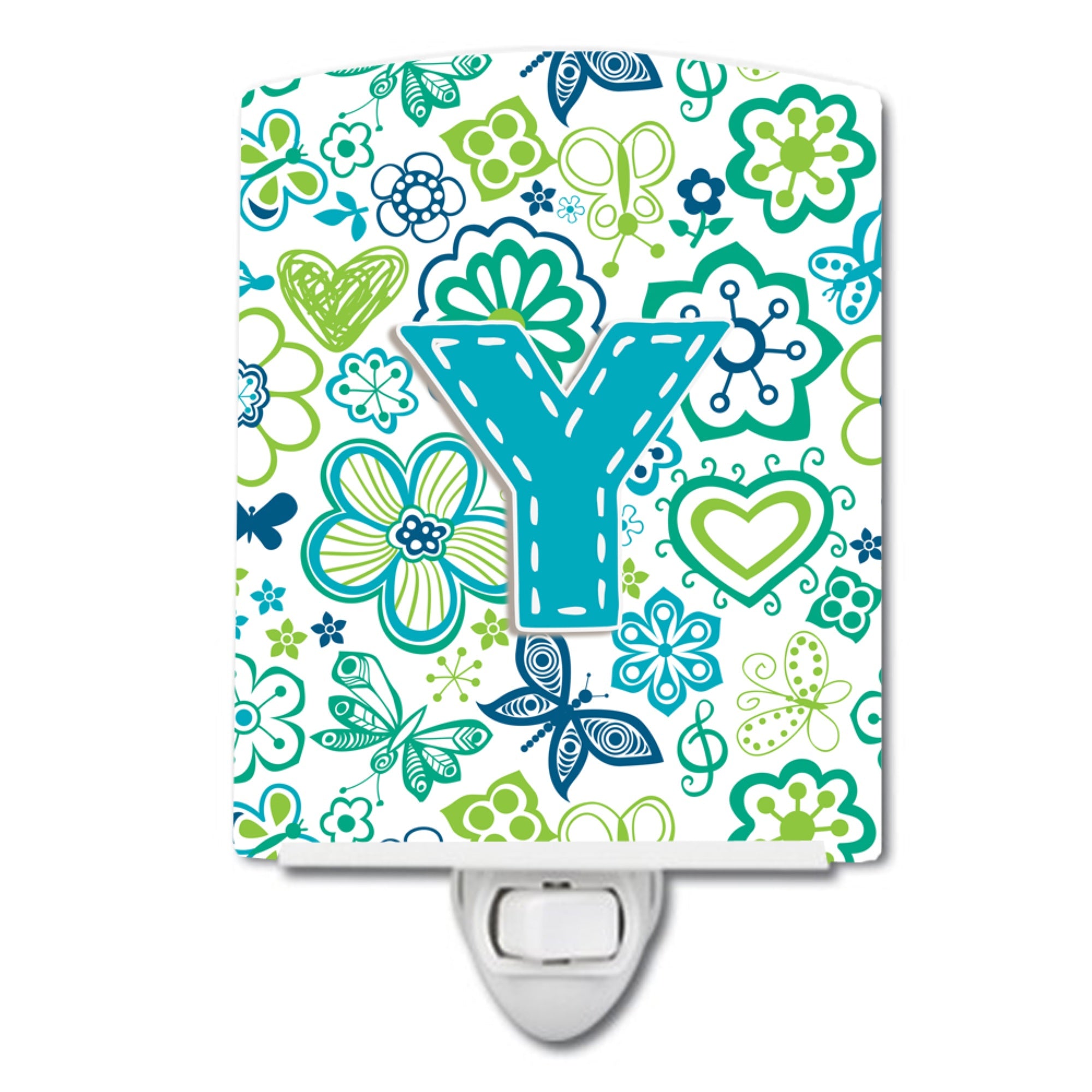  inchCarolines Treasures Letter Y Flowers and Butterflies Teal Blue Ceramic Night Light, 6x4, Multicolor inch