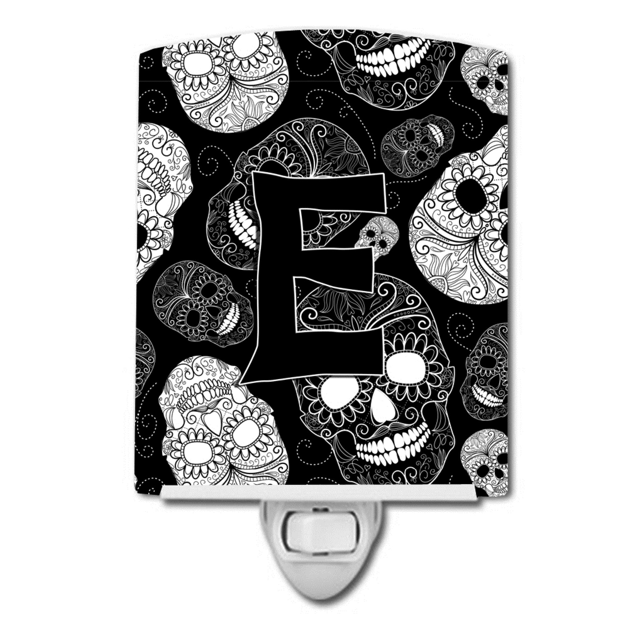  inchCarolines Treasures Letter E Day of the Dead Skulls Black Ceramic Night Light, 6x4, Multicolor inch