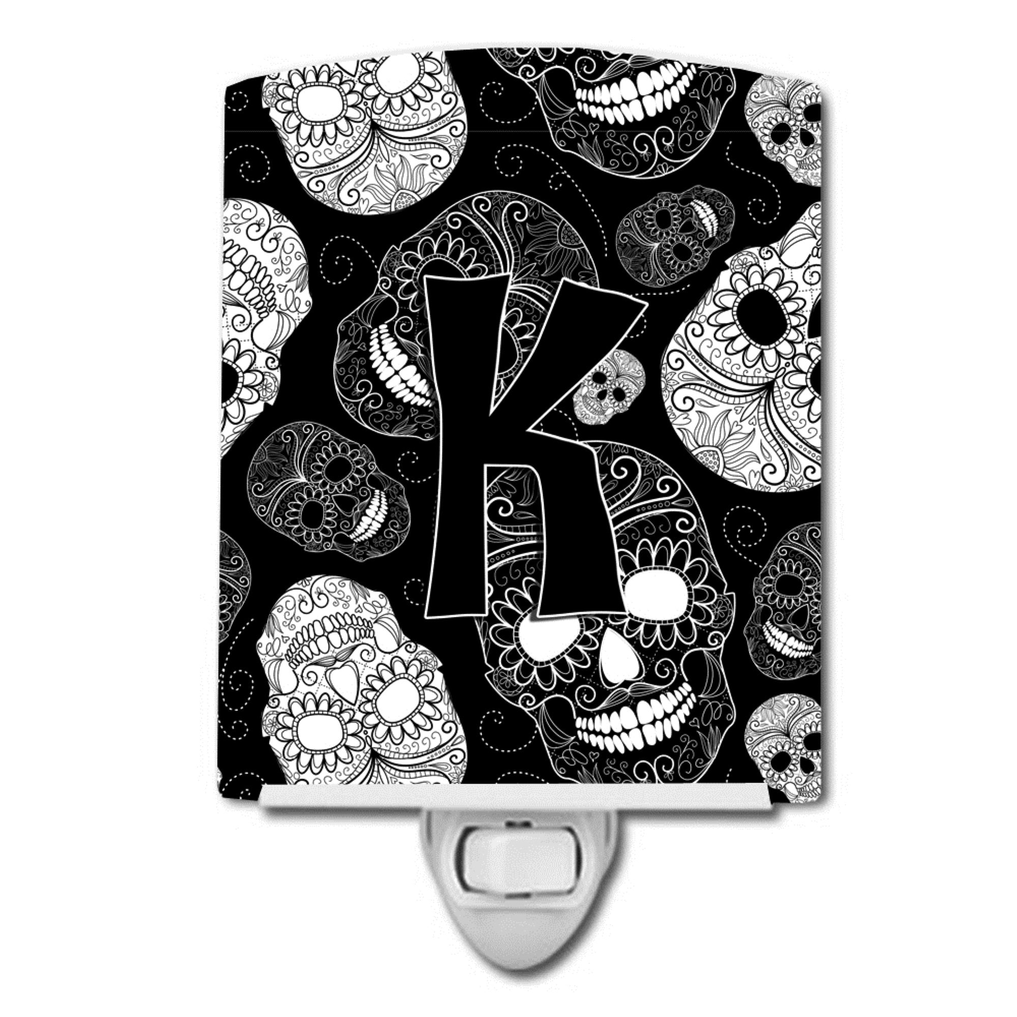  inchCarolines Treasures Letter K Day of the Dead Skulls Black Ceramic Night Light, 6x4, Multicolor inch