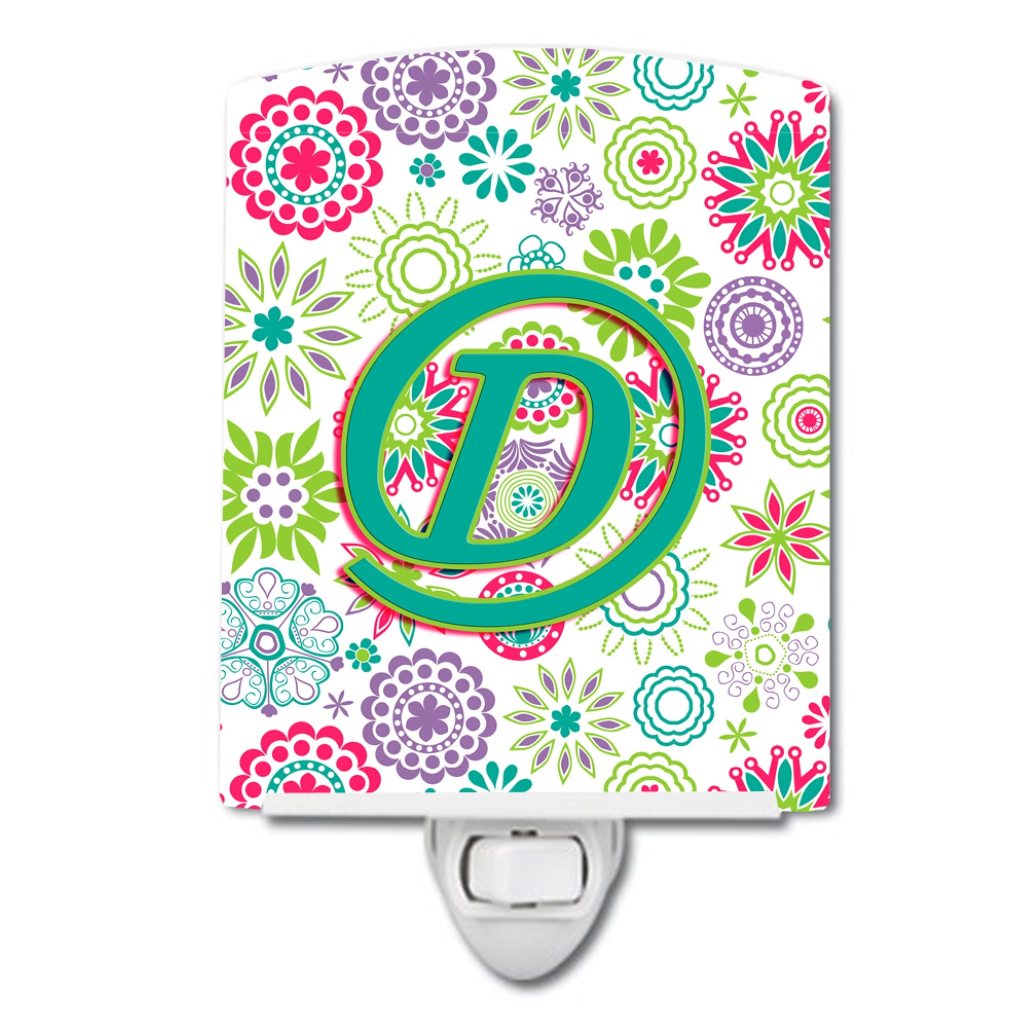  inchCarolines Treasures Letter D Flowers Pink Teal Green Initial Ceramic Night Light, 6x4, Multicolor inch