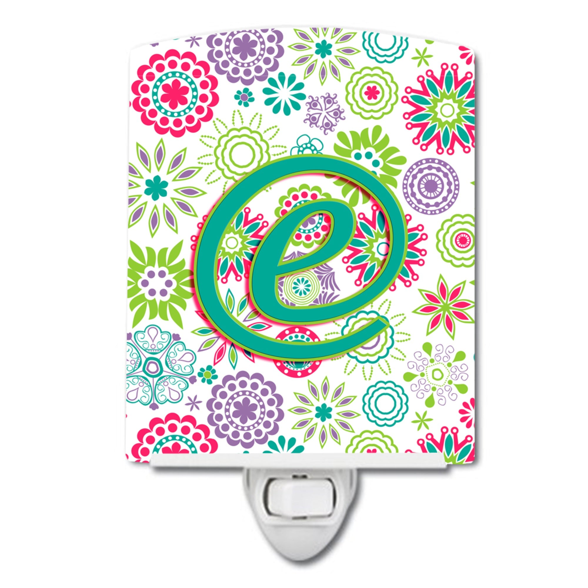  inchCarolines Treasures Letter E Flowers Pink Teal Green Initial Ceramic Night Light, 6x4, Multicolor inch