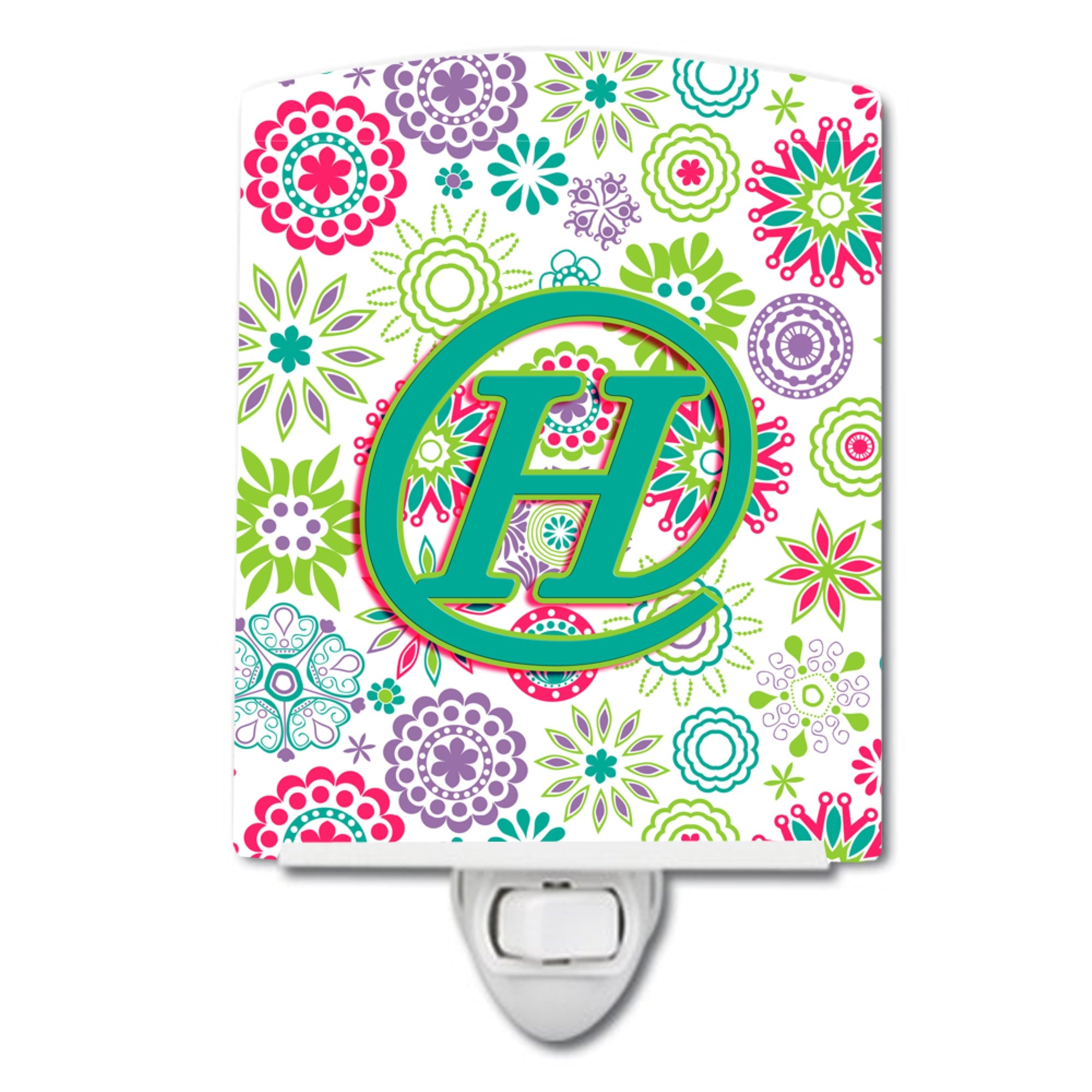  inchCarolines Treasures Letter H Flowers Pink Teal Green Initial Ceramic Night Light, 6x4, Multicolor inch