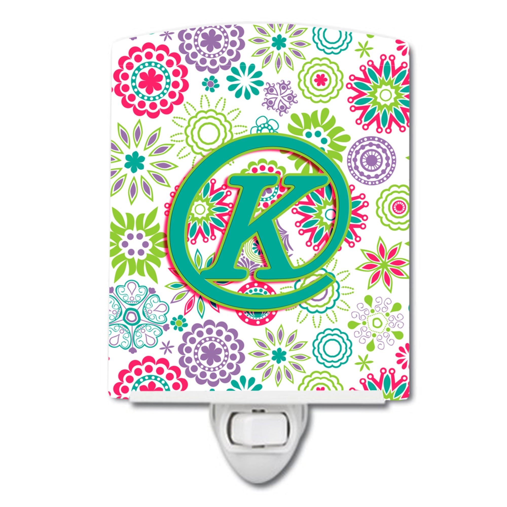  inchCarolines Treasures Letter K Flowers Pink Teal Green Initial Ceramic Night Light, 6x4, Multicolor inch