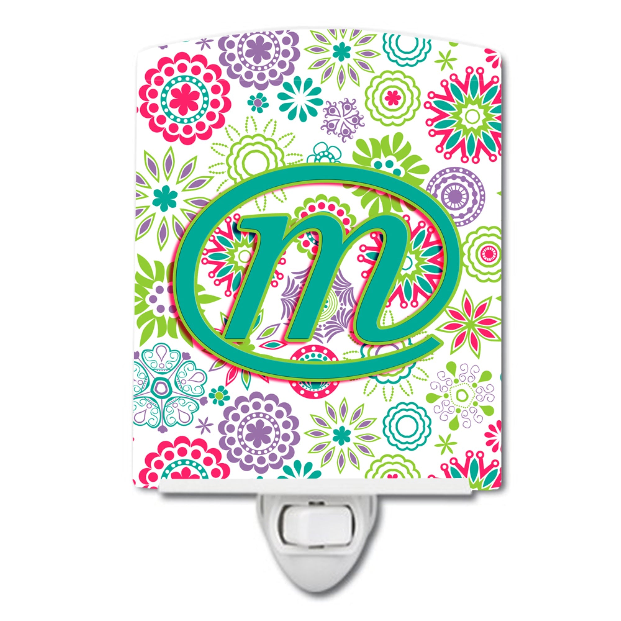  inchCarolines Treasures Letter M Flowers Pink Teal Green Initial Ceramic Night Light, 6x4, Multicolor inch