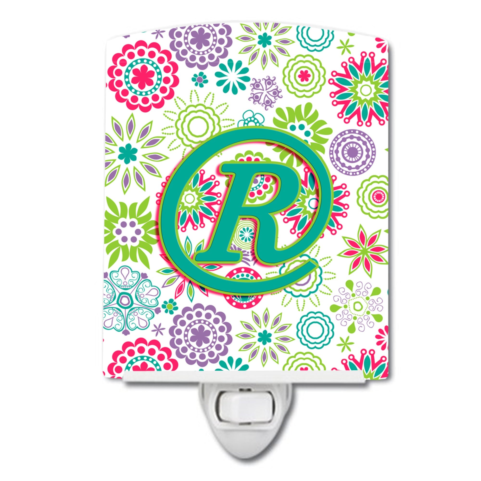  inchCarolines Treasures Letter R Flowers Pink Teal Green Initial Ceramic Night Light, 6x4, Multicolor inch