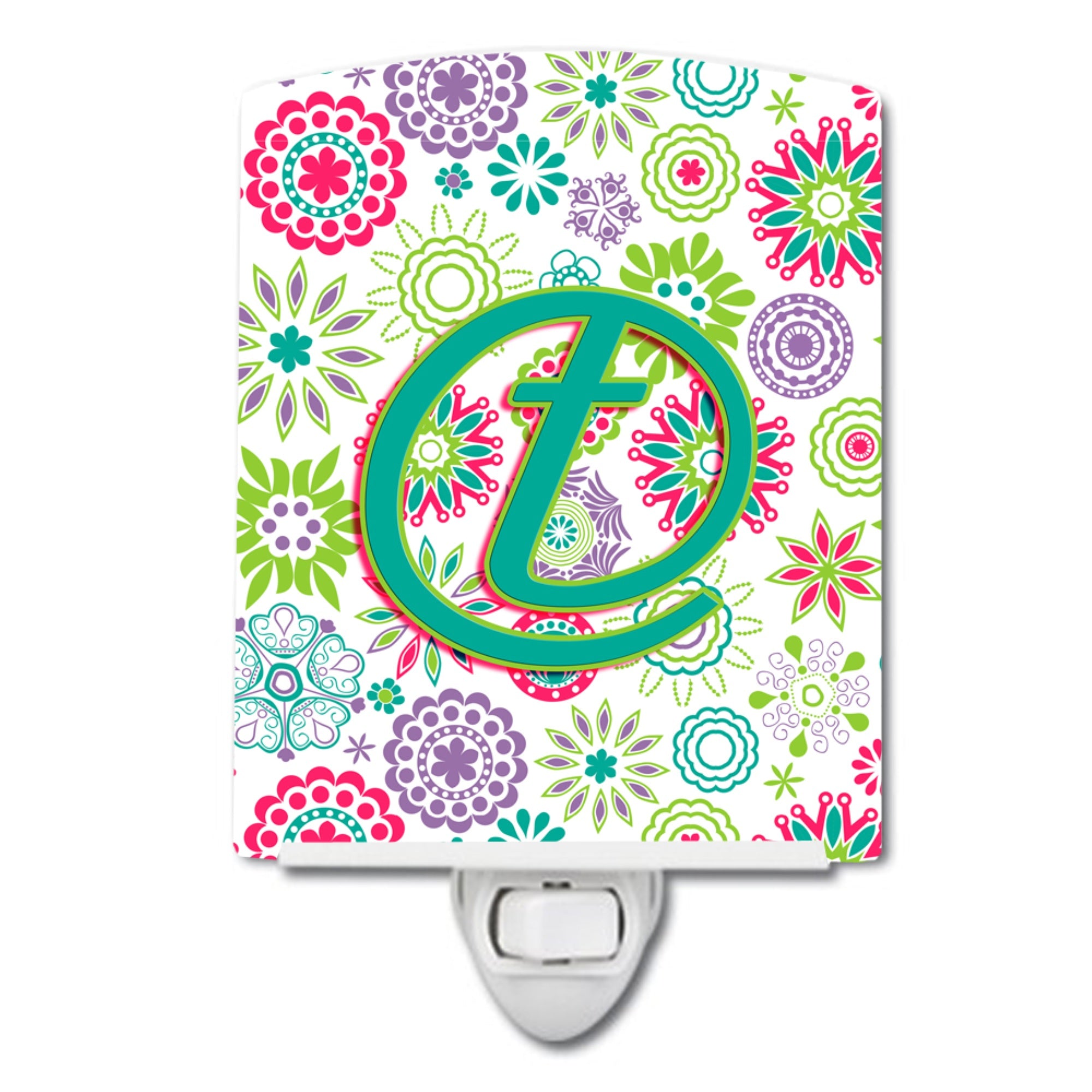  inchCarolines Treasures Letter T Flowers Pink Teal Green Initial Ceramic Night Light, 6x4, Multicolor inch