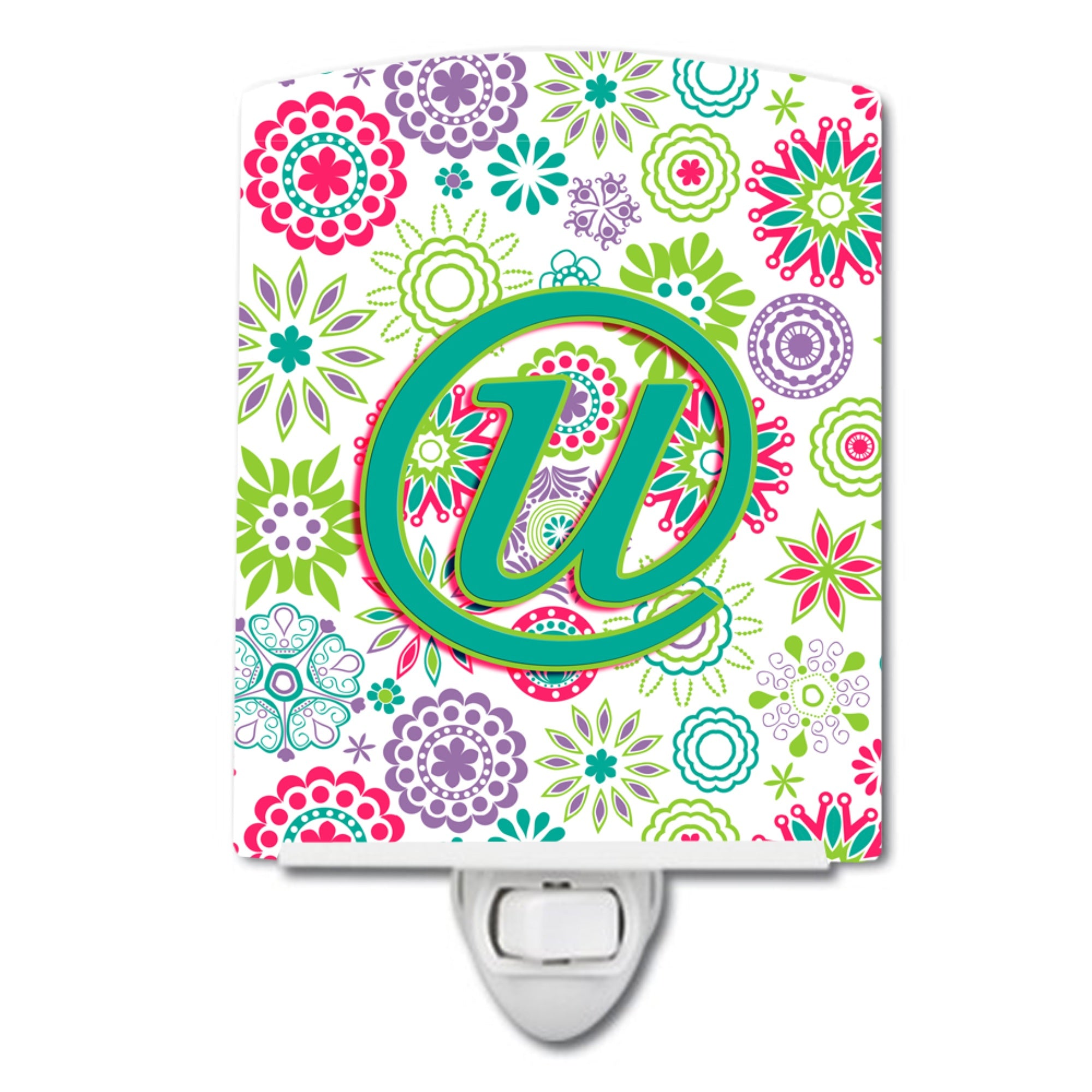  inchCarolines Treasures Letter U Flowers Pink Teal Green Initial Ceramic Night Light, 6x4, Multicolor inch