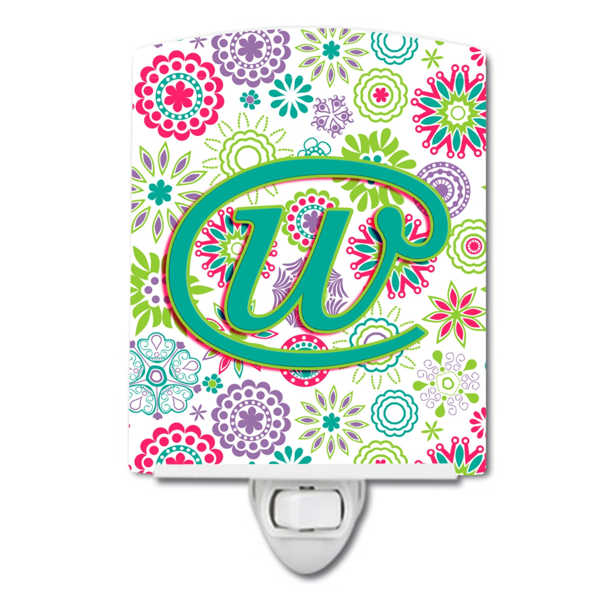 inchCarolines Treasures Letter W Flowers Pink Teal Green Initial Ceramic Night Light, 6x4, Multicolor inch