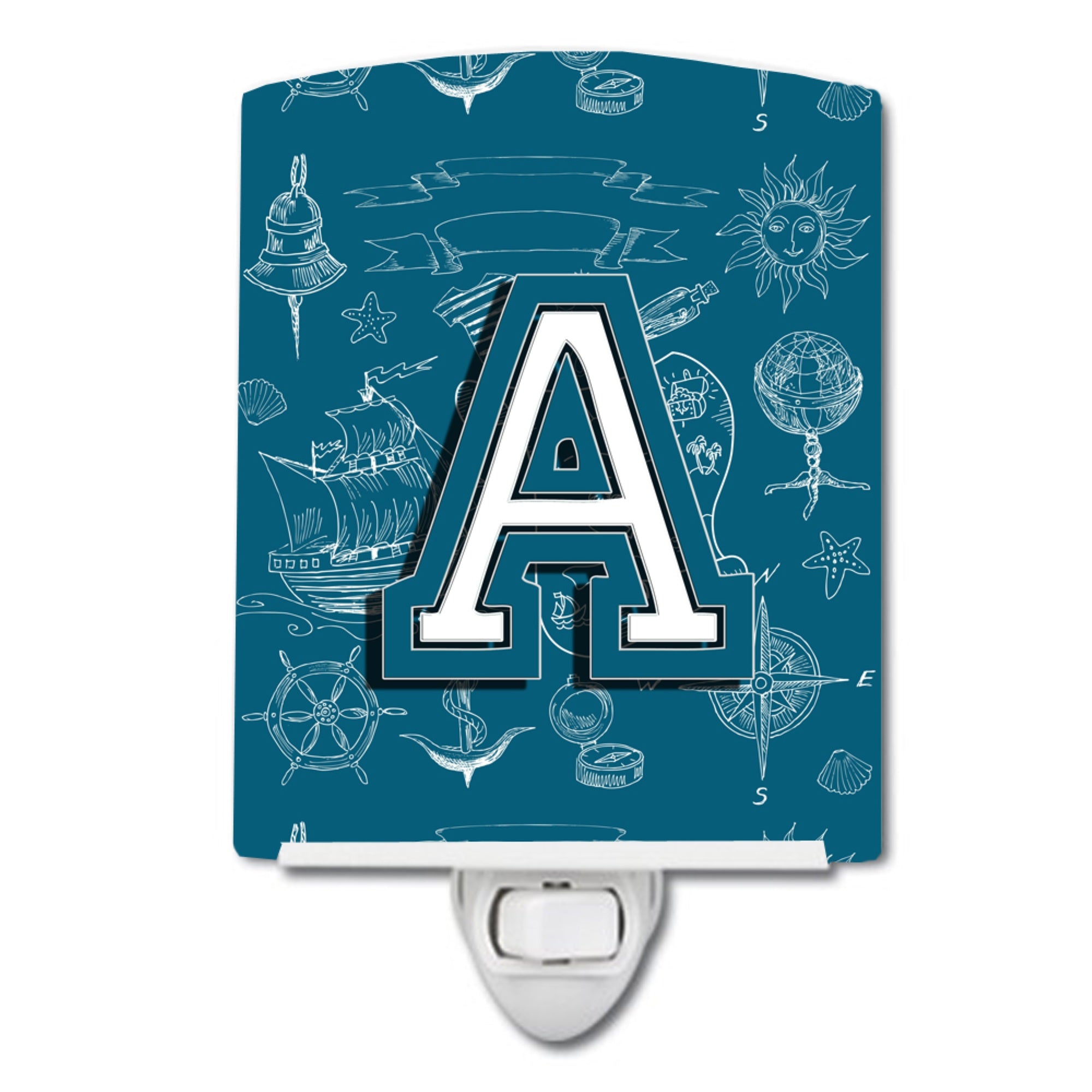  inchCarolines Treasures Letter A Sea Doodles Initial Alphabet Ceramic Night Light, 6x4, Multicolor inch