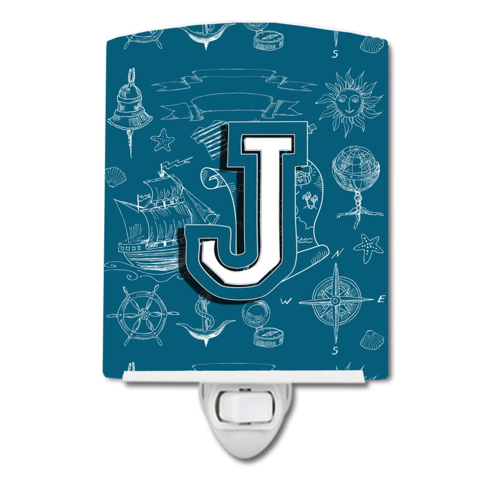  inchCarolines Treasures Letter J Sea Doodles Initial Alphabet Ceramic Night Light, 6x4, Multicolor inch