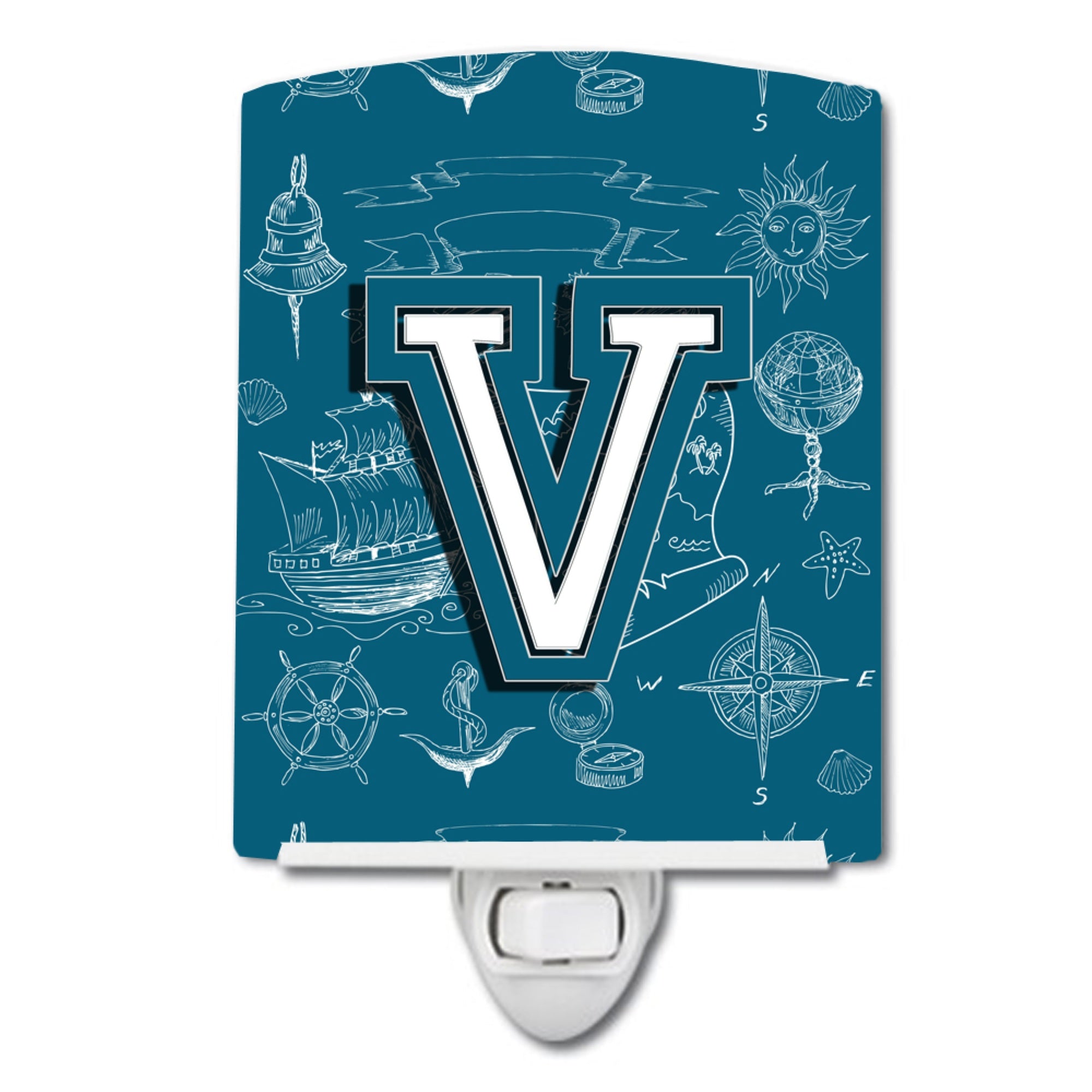  inchCarolines Treasures Letter V Sea Doodles Initial Alphabet Ceramic Night Light, 6x4, Multicolor inch