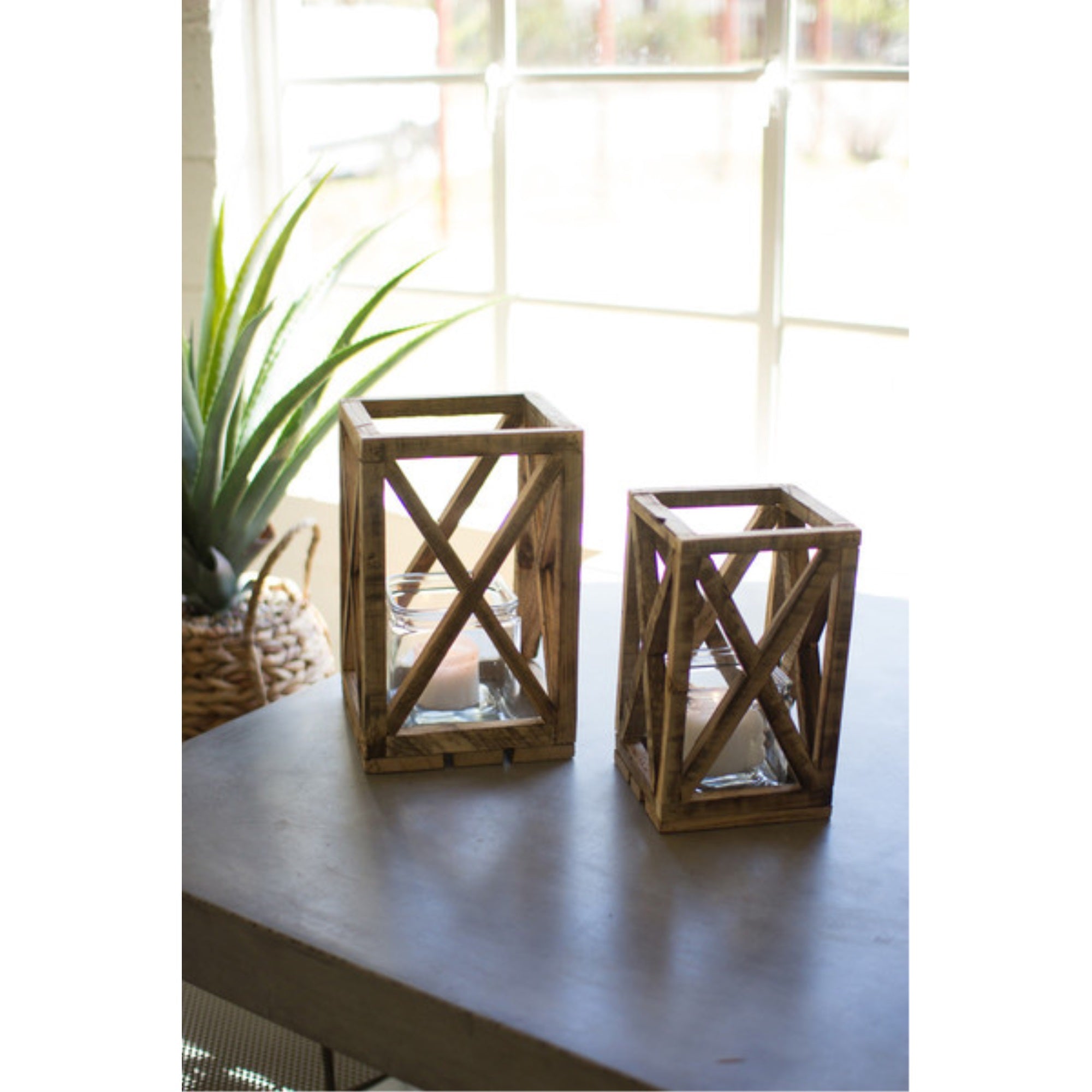 SET OF TWO RECYCLED WOODEN LANTERNS WITH GLASS INSERT