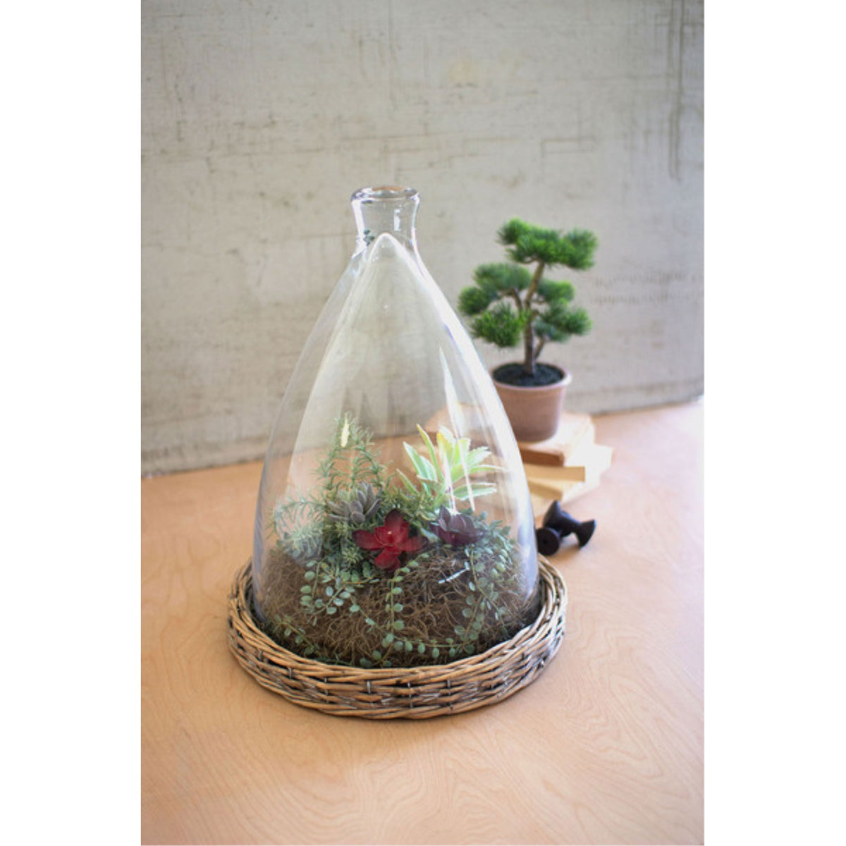 LARGE GLASS CLOCHE WITH WICKER BASE
