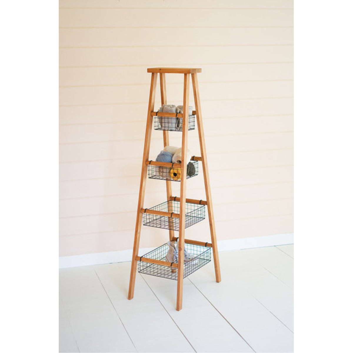 WOODEN LADDER WITH WIRE BASKETS DISPLAY