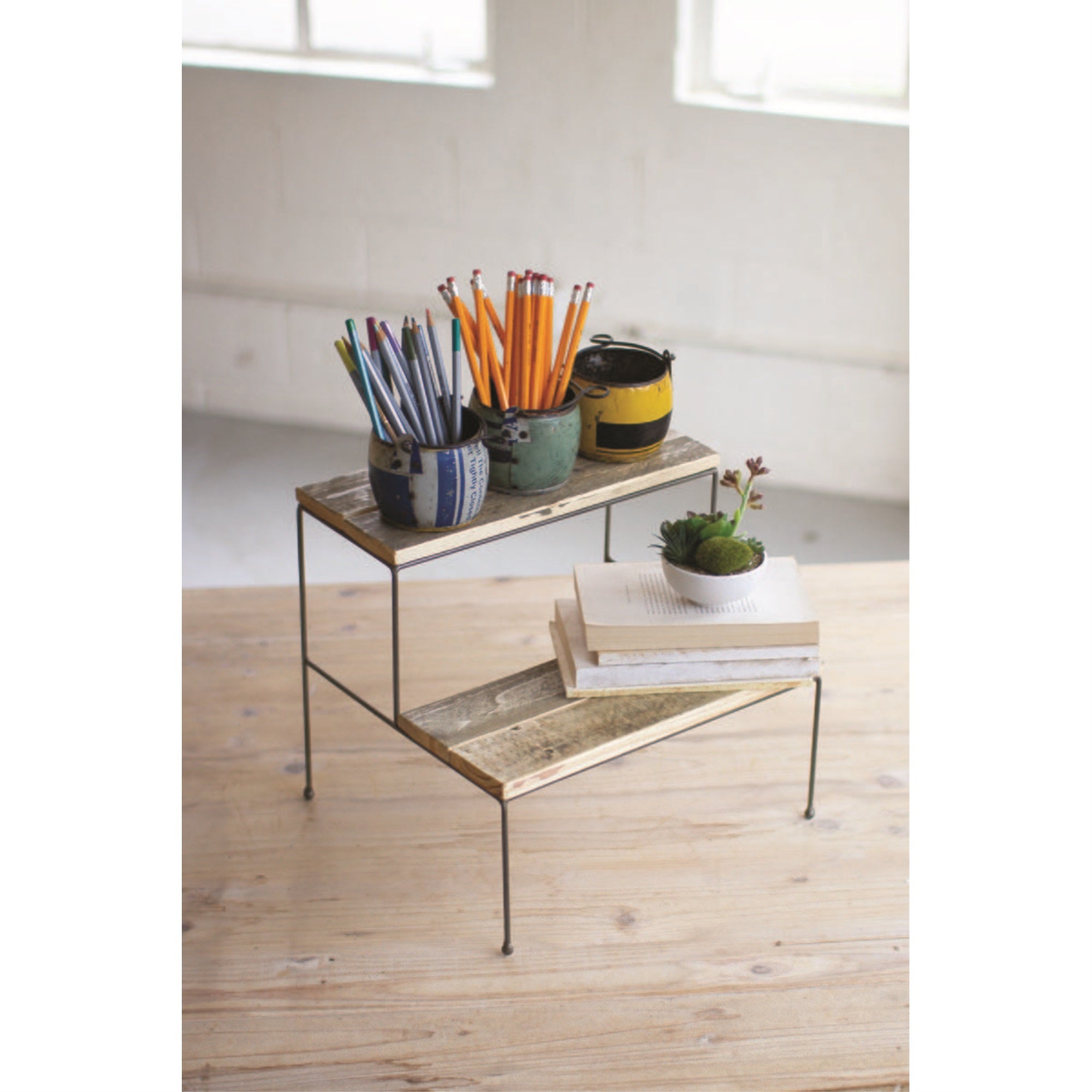 TWO TIERED RECYCLED WOOD AND METAL DISPLAY STAND