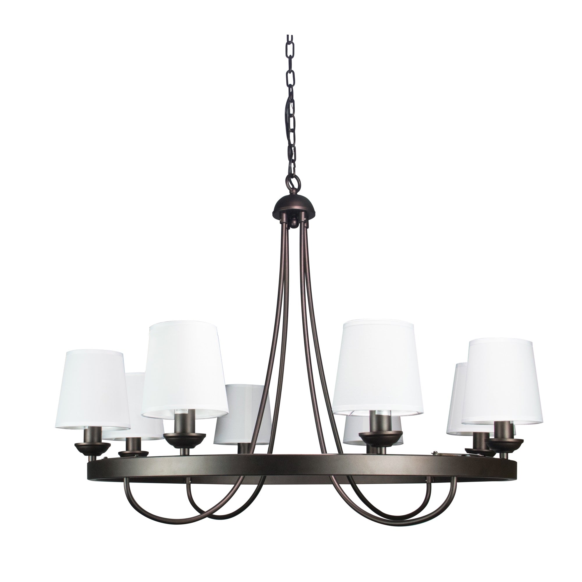 Canyon Home Rustic Wagon Wheel Light Fixture, 8 Bulbs, Vintage Black Frame, White Shades