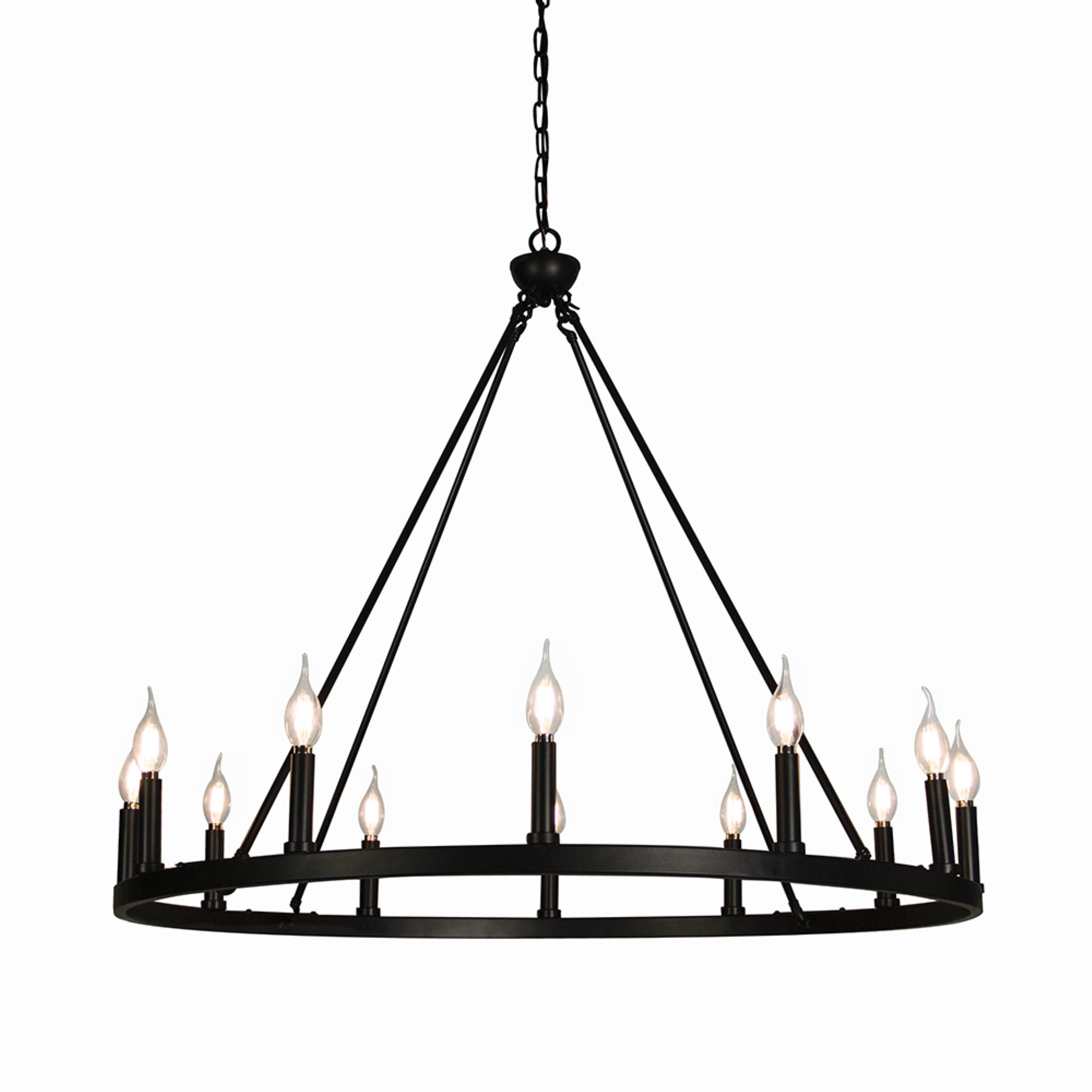Canyonhome Cahua 12 Light Drum Chandelier, Matte Black Steel & Wooden Pattern, 37&quot; X 37&quot; X