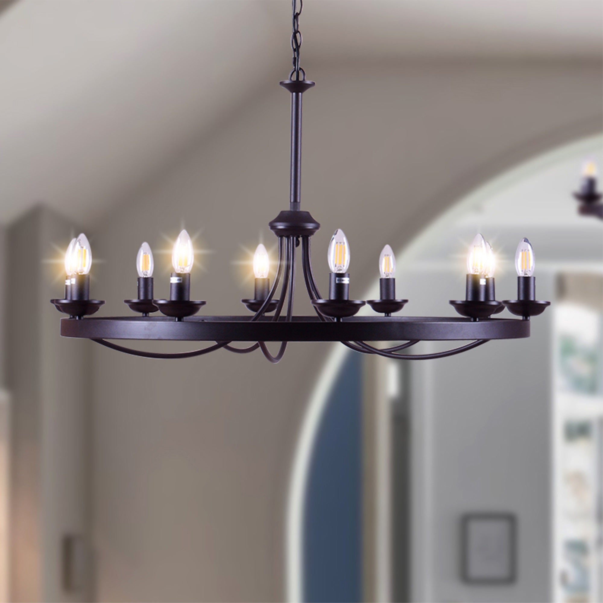 Canyon Home Erica 10-Light Brown Wagon Wheel Chandelier, Metal Candle Style, 34.8&quot;