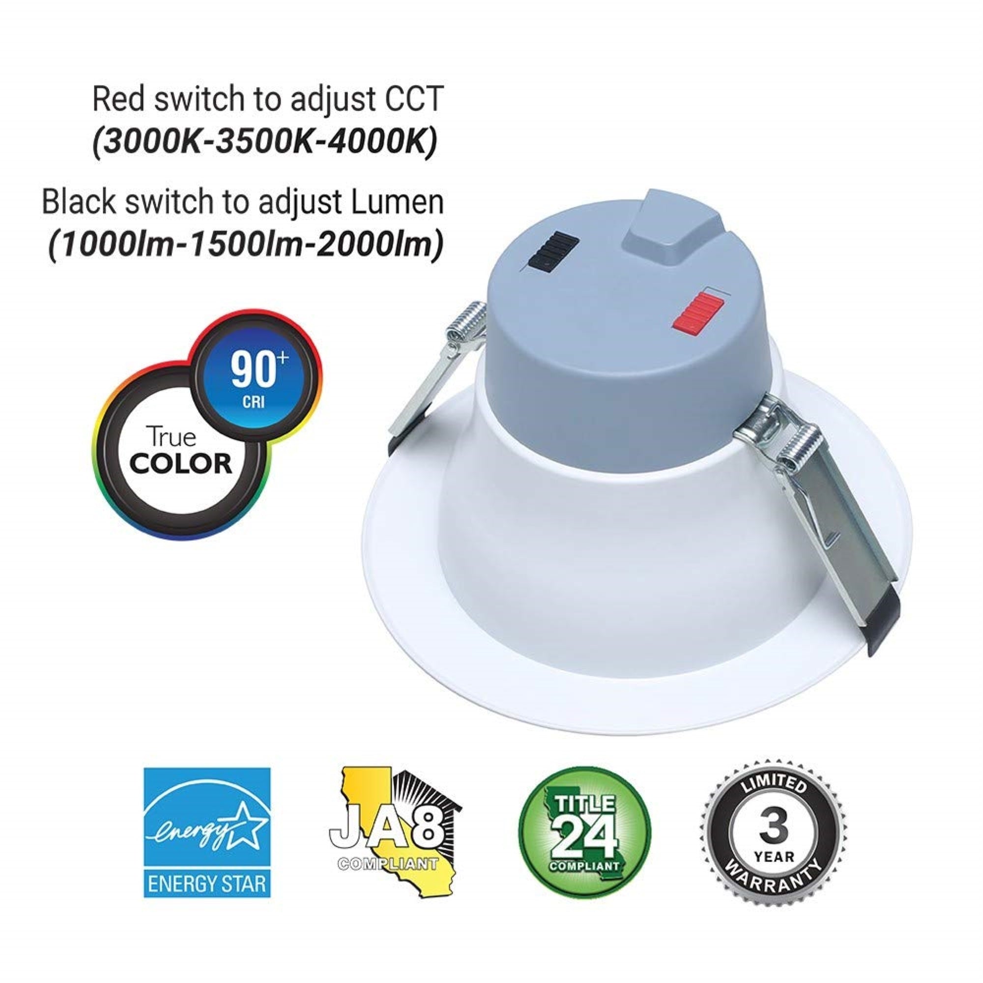 Euri Lighting DLC8C-22W103swej, 8 Commercial Downlight 120-277v, CCT (3K, 35K, 4K) & Wattage (10W, 15W, 22W) Tunable, 90+ CRI, W