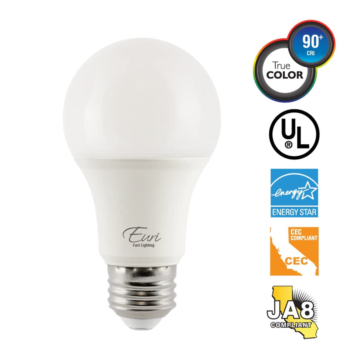 Euri Lighting EA19-5020cec, CA Compliant LED A19 9W (60W Equal), 810lm, DIM, 90+ CRI 2700K (Warm White) Damp Rated, Fully Enclos