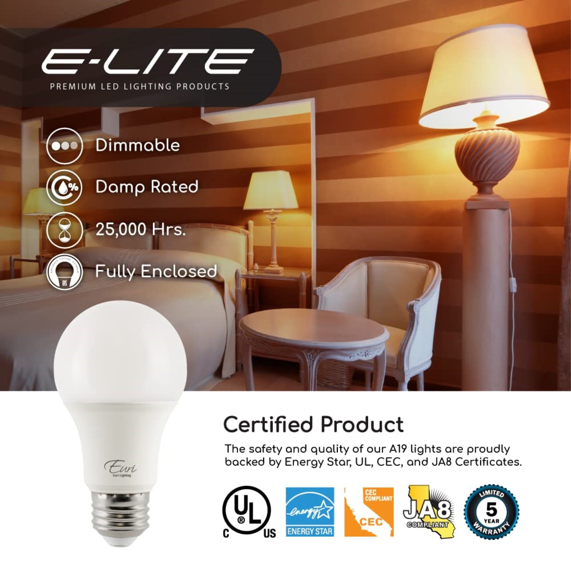 Euri Lighting EA19-5020cec, CA Compliant LED A19 9W (60W Equal), 810lm, DIM, 90+ CRI 2700K (Warm White) Damp Rated, Fully Enclos