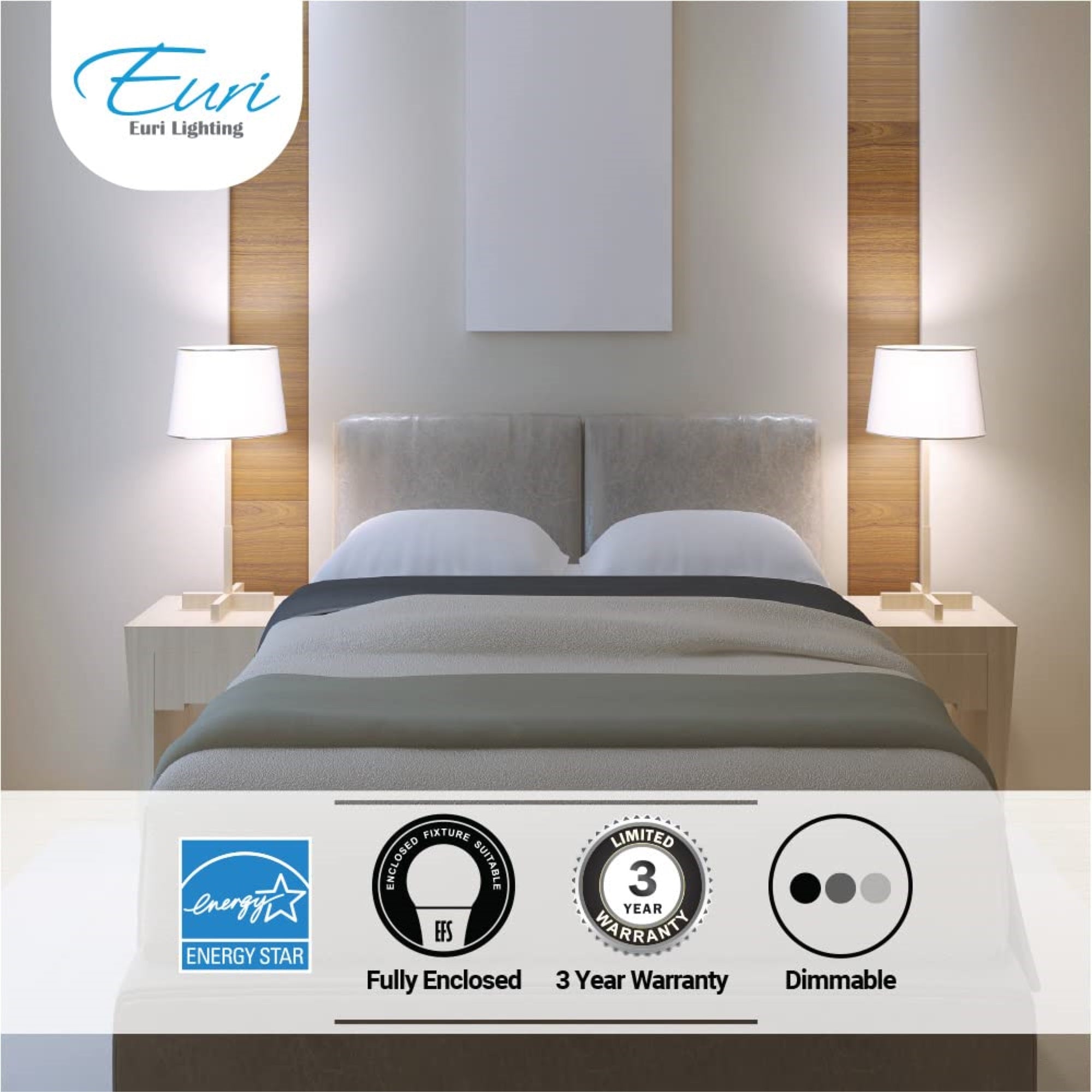 Euri Lighting EA19-6020e-4, LED A19 4-Pack, 9W (60W Equiv.) 800lm, Dim, 80 CRI, Warm White (2700K), Damp Rated, E26 Base, Fully
