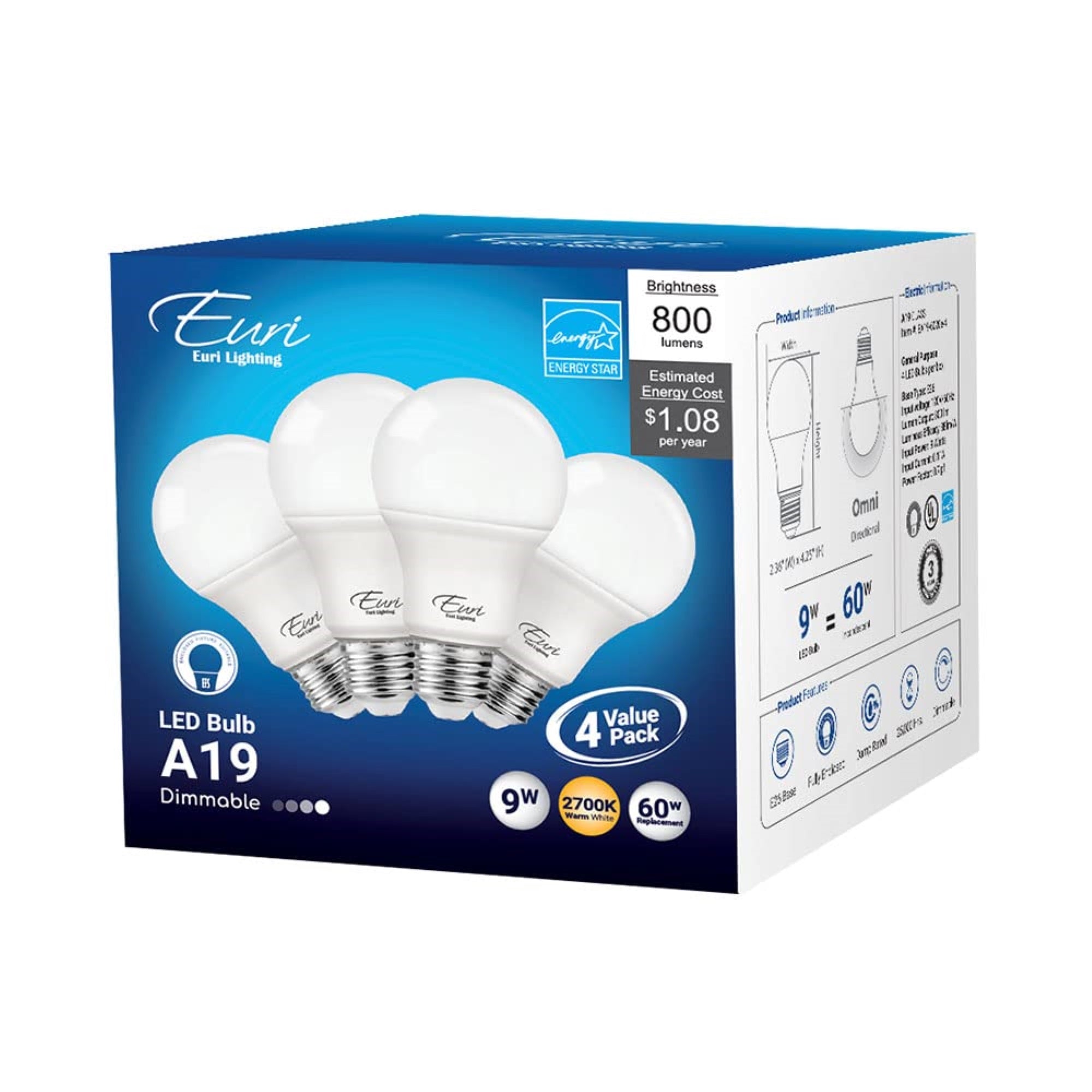Euri Lighting EA19-6020e-4, LED A19 4-Pack, 9W (60W Equiv.) 800lm, Dim, 80 CRI, Warm White (2700K), Damp Rated, E26 Base, Fully