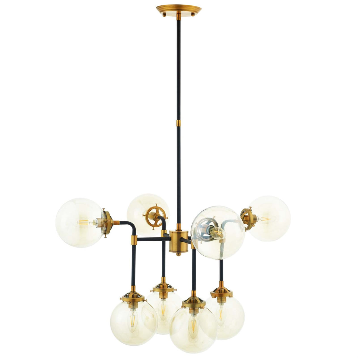 Ambition Pendant Chandelier - Industrial Retro Farmhouse Design - 8 Light Fixture - Matte Black/Antique Brass - Amber Glass Shad