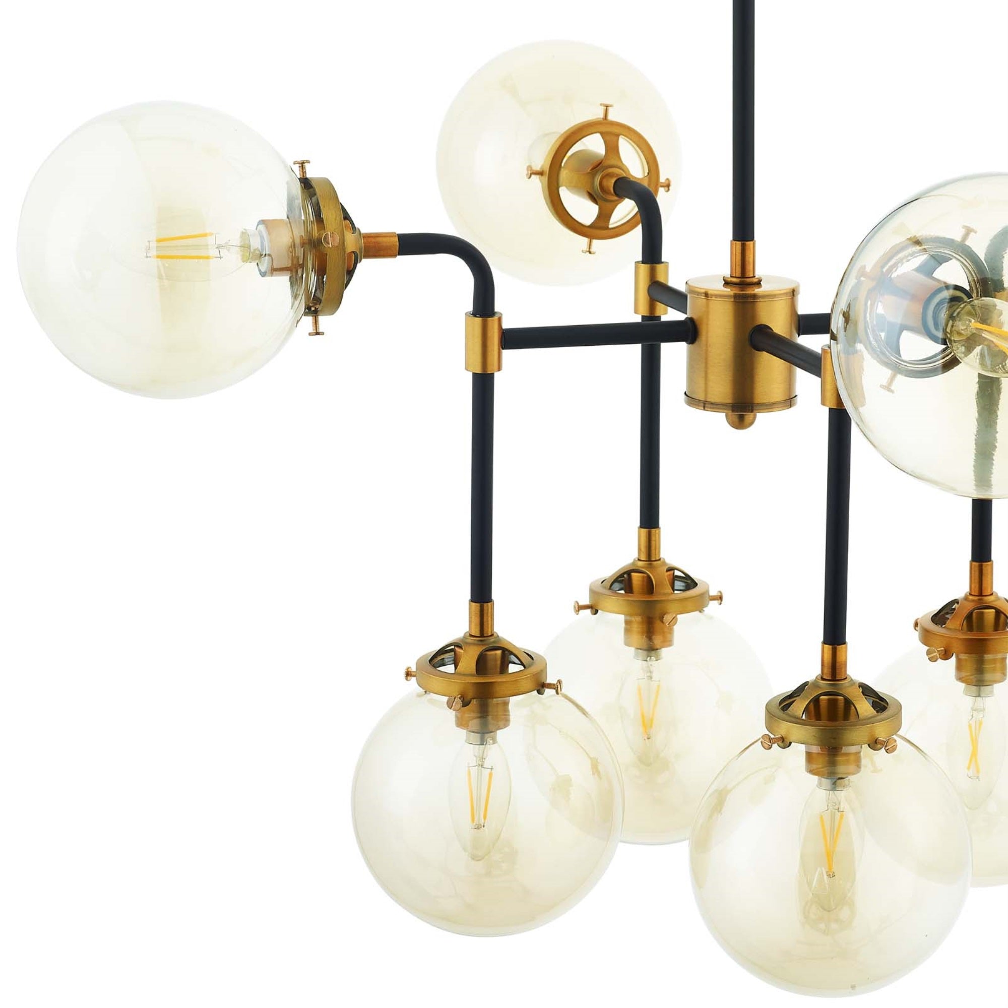 Ambition Pendant Chandelier - Industrial Retro Farmhouse Design - 8 Light Fixture - Matte Black/Antique Brass - Amber Glass Shad